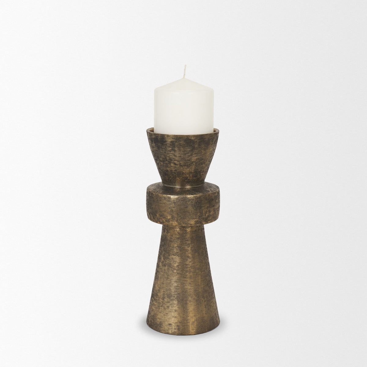 Odilia Small Textured Antiqued Gold Metal Geometric Pillar Candle Holder-Table Candle Holders-DECOROLALA