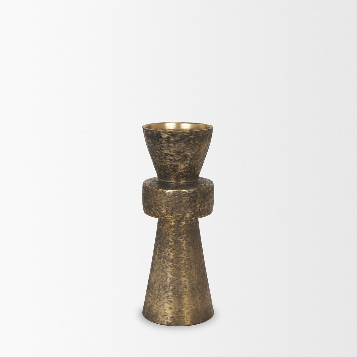 Odilia Small Textured Antiqued Gold Metal Geometric Pillar Candle Holder-Table Candle Holders-DECOROLALA