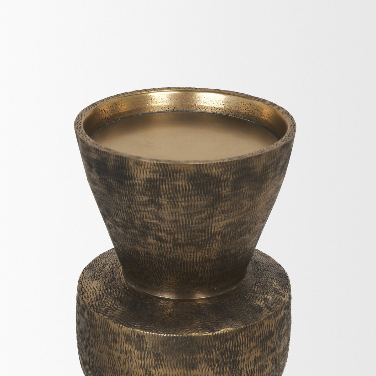 Odilia Small Textured Antiqued Gold Metal Geometric Pillar Candle Holder-Table Candle Holders-DECOROLALA