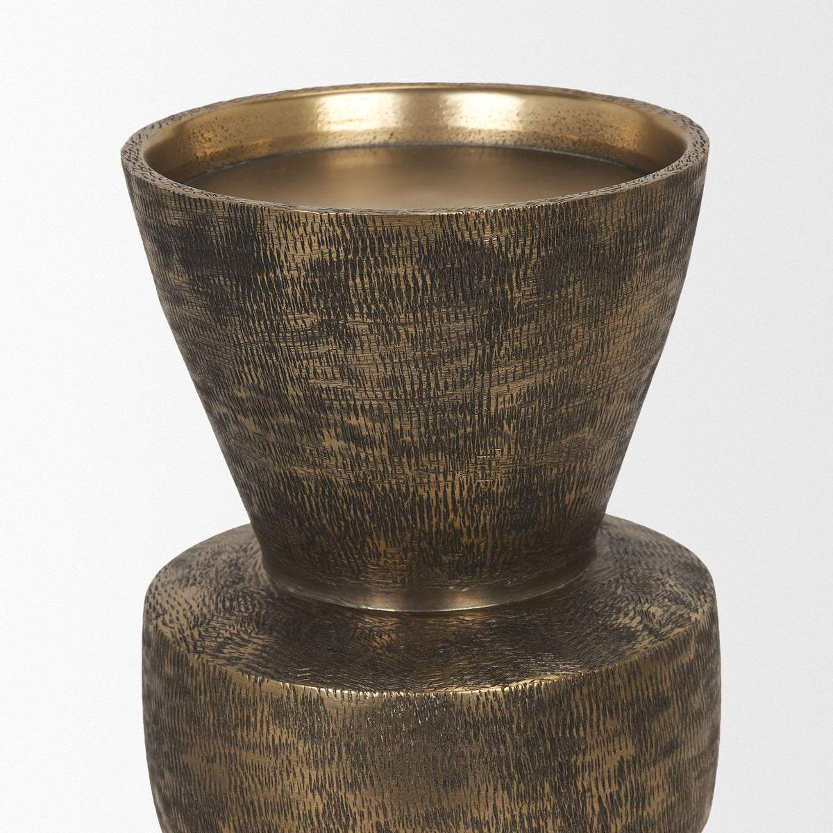 Odilia Small Textured Antiqued Gold Metal Geometric Pillar Candle Holder-Table Candle Holders-DECOROLALA