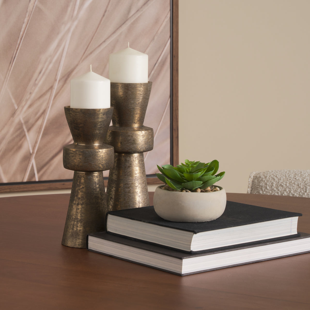 Odilia Small Textured Antiqued Gold Metal Geometric Pillar Candle Holder-Table Candle Holders-DECOROLALA
