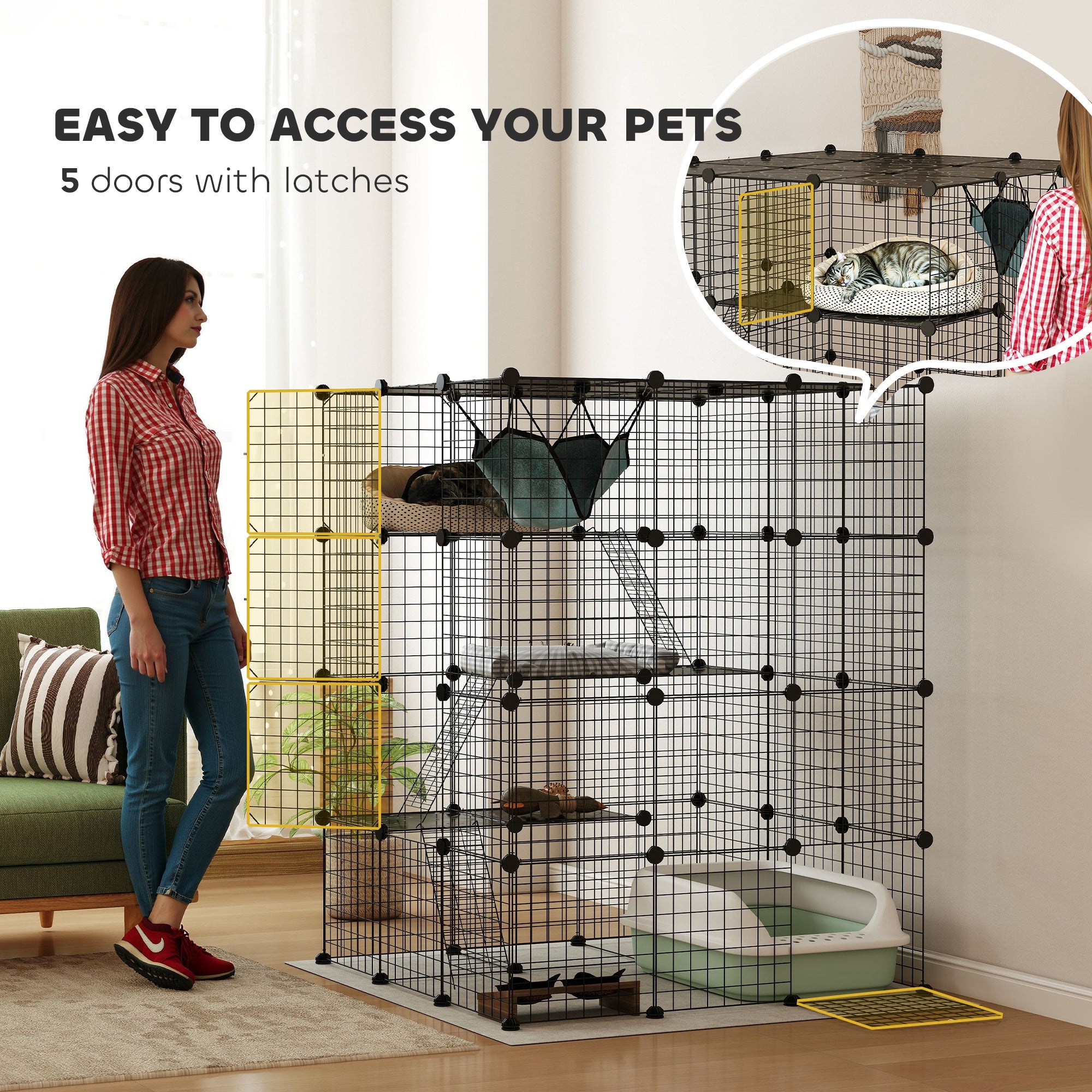 4 Tier DIY Cat Cage Indoor, Catio for 1-3 Cats with Hammock, 5 Doors, 3 Ramps, 3 Jumping Platforms, for 1-3 Cats, Black