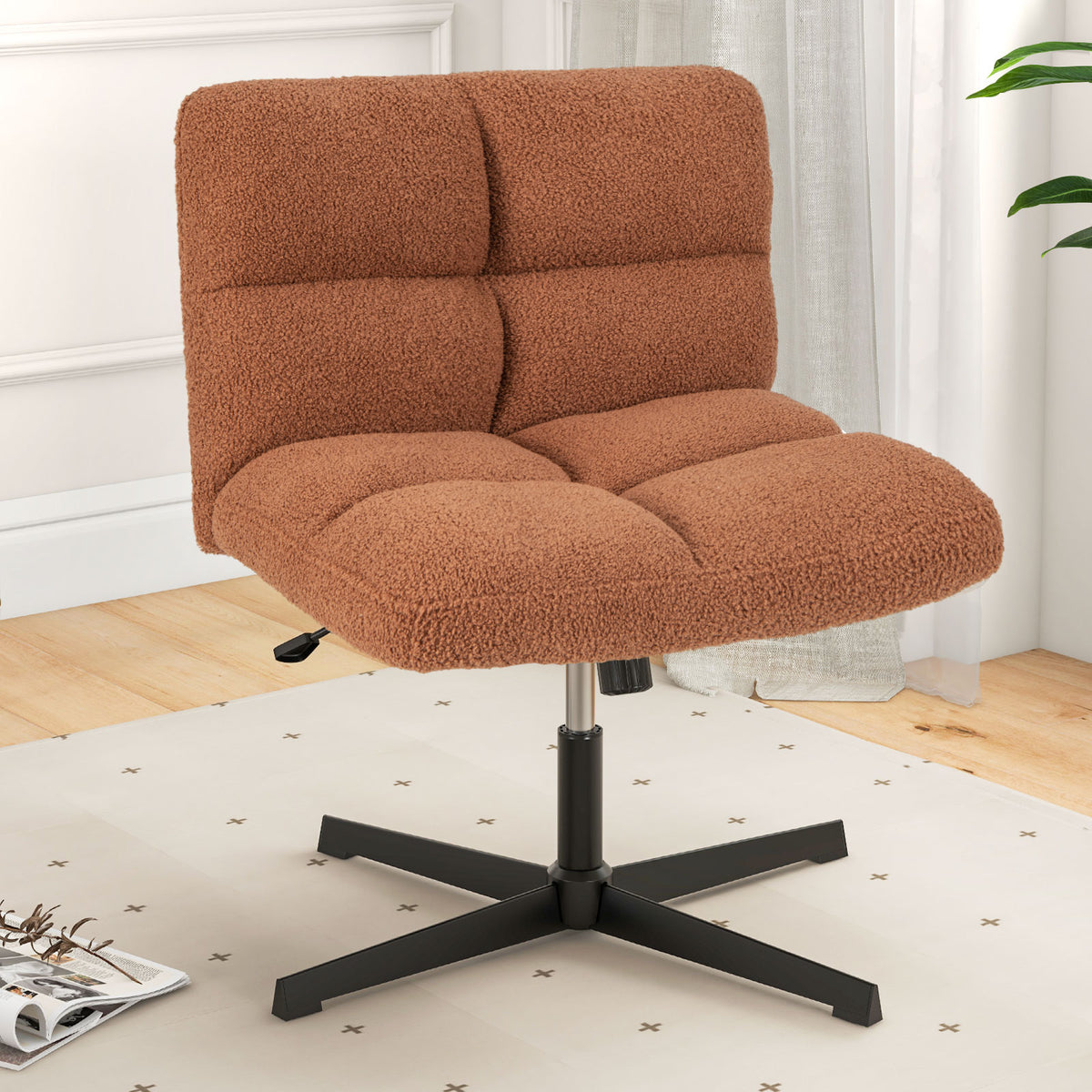 Office Armless Chair Cross Legged with Imitation Lamb Fleece and Adjustable Height-Brown-Armless Office Chairs-DECOROLALA
