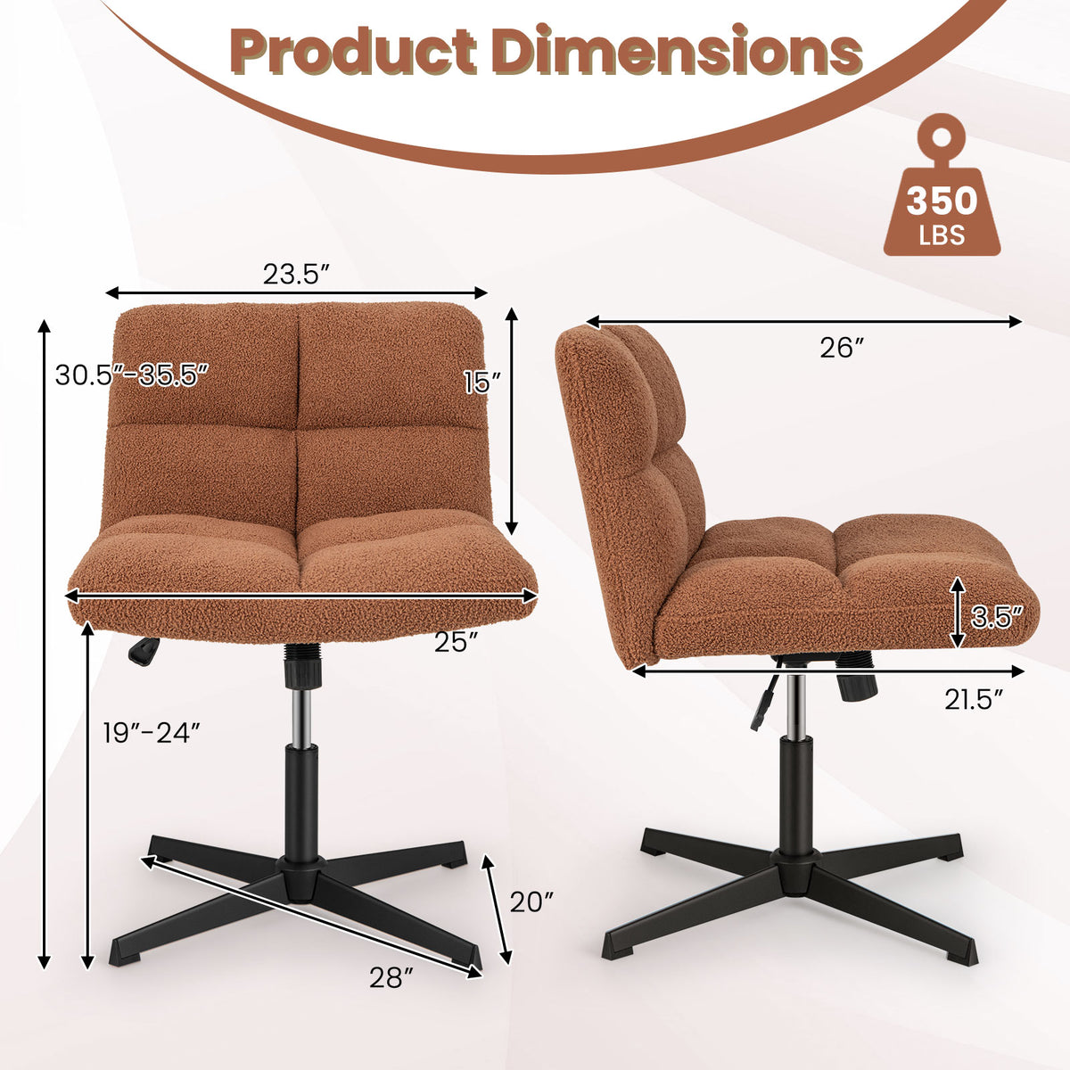 Office Armless Chair Cross Legged with Imitation Lamb Fleece and Adjustable Height-Brown-Armless Office Chairs-DECOROLALA