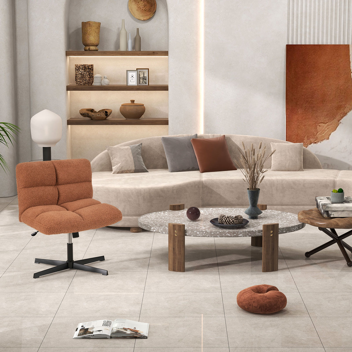 Office Armless Chair Cross Legged with Imitation Lamb Fleece and Adjustable Height-Brown-Armless Office Chairs-DECOROLALA