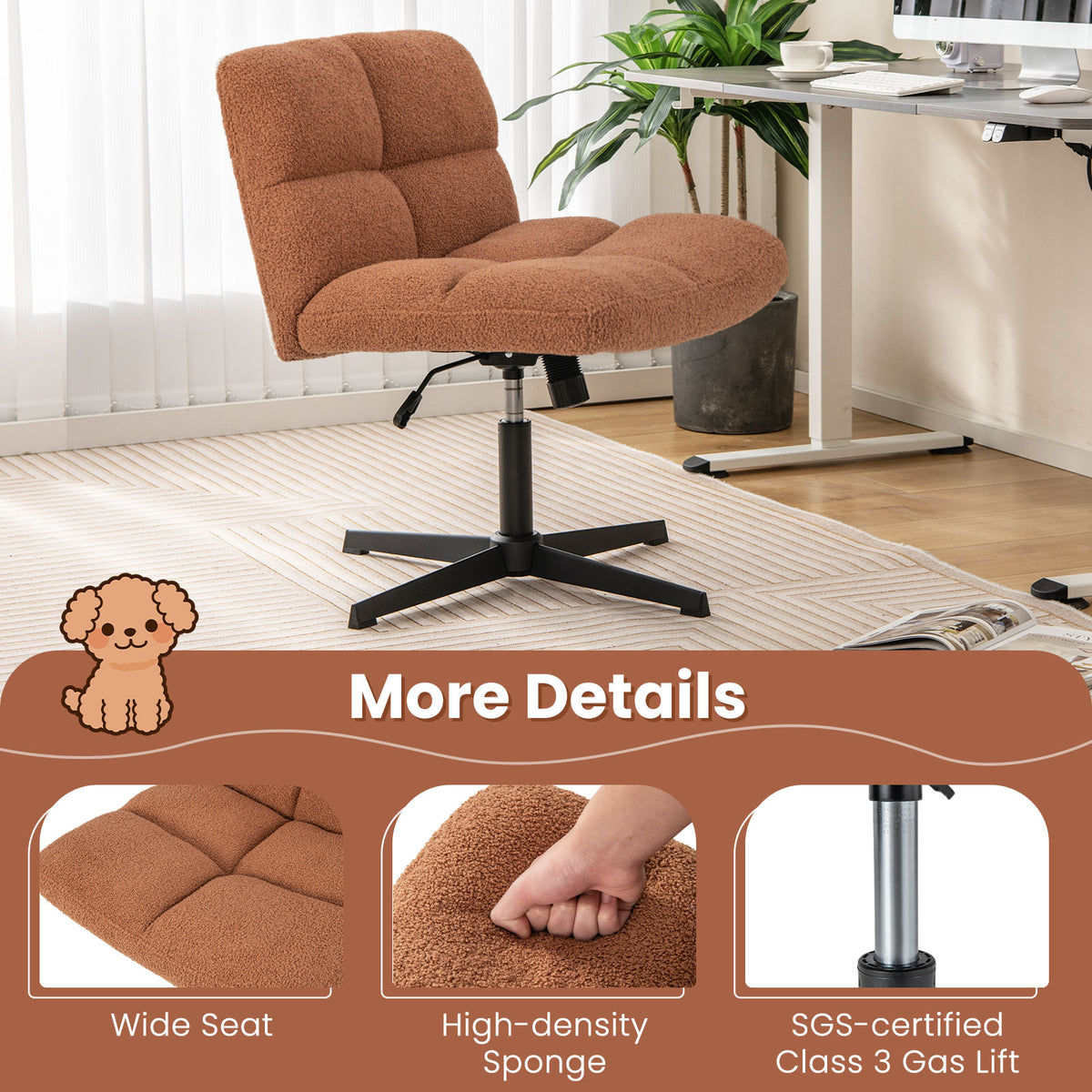 Office Armless Chair Cross Legged with Imitation Lamb Fleece and Adjustable Height-Brown-Armless Office Chairs-DECOROLALA