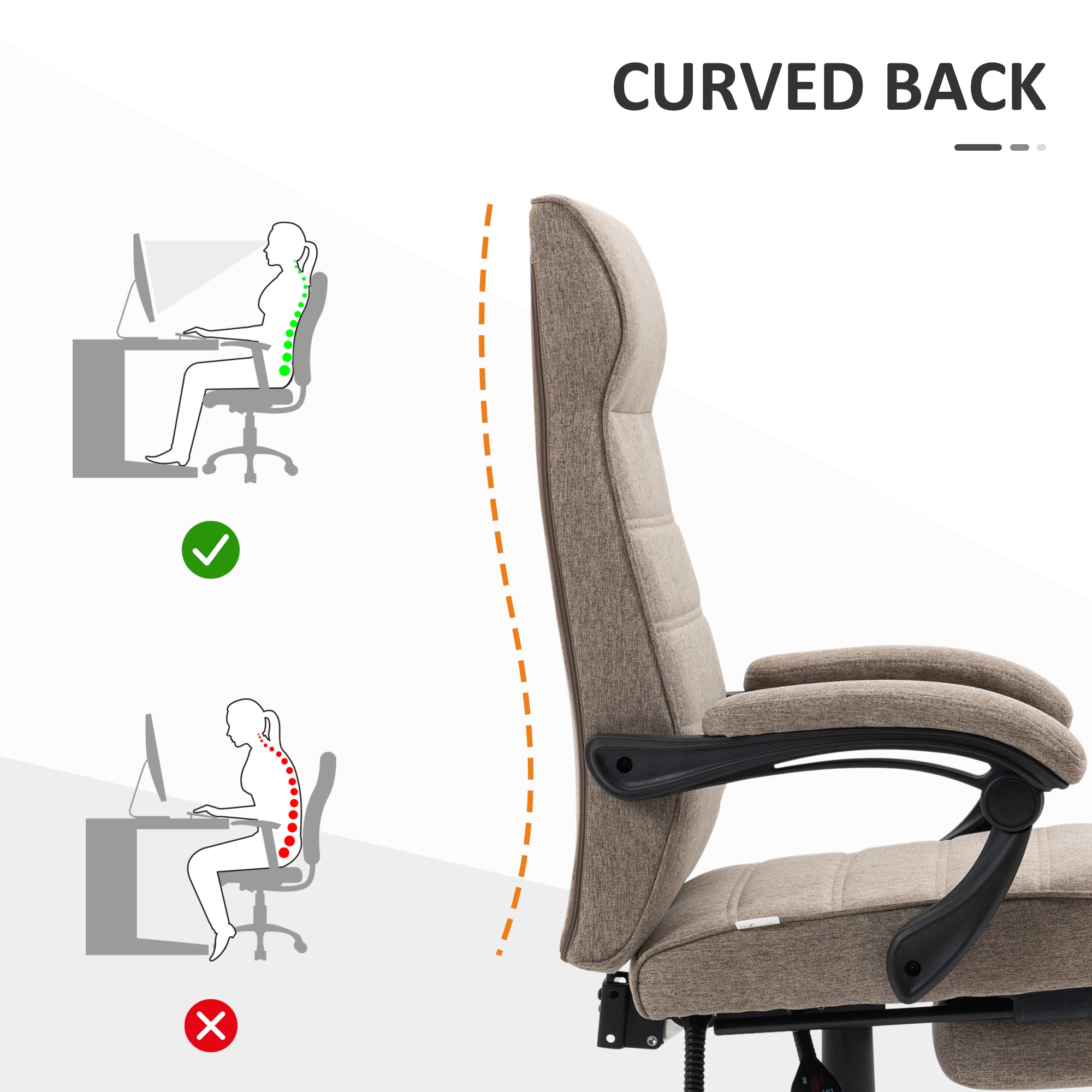 Office Chair, Linen High Back Computer Desk Chair, Swivel Recliner with Adjustable Height, Footrest and Padded Armrest, Brown-Office Products > Office Furniture > Office Chairs > Task Chairs-DECOROLALA