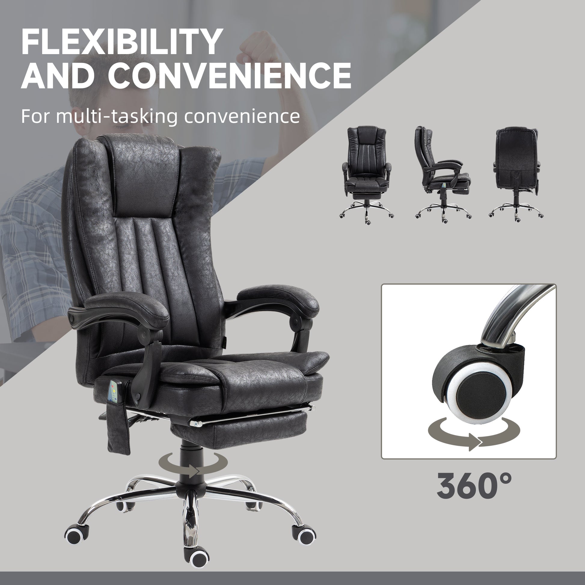 Office Chair Massage Micro Fiber Recliner Black with Footrest-DECOROLALA