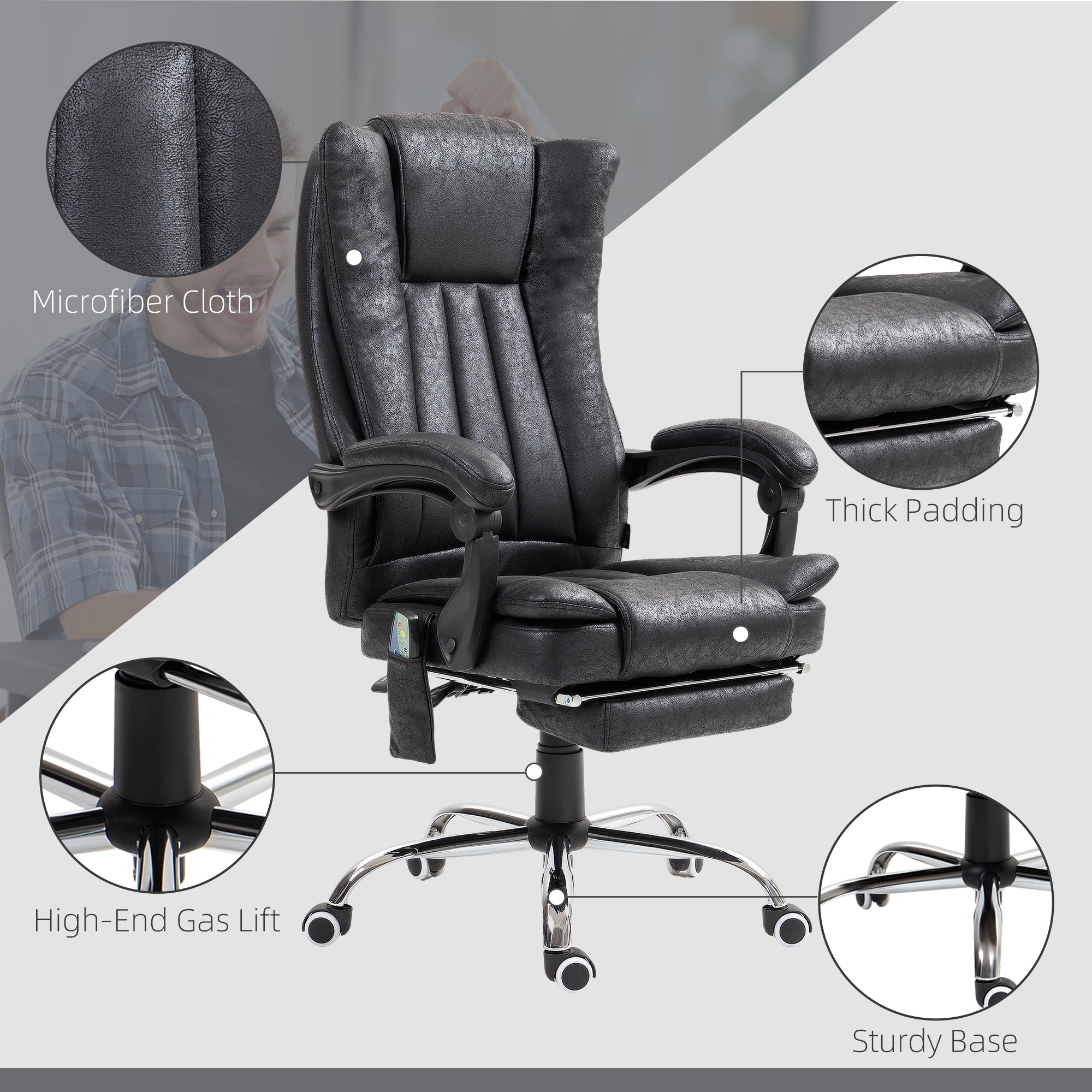 Office Chair Massage Micro Fiber Recliner Black with Footrest-DECOROLALA