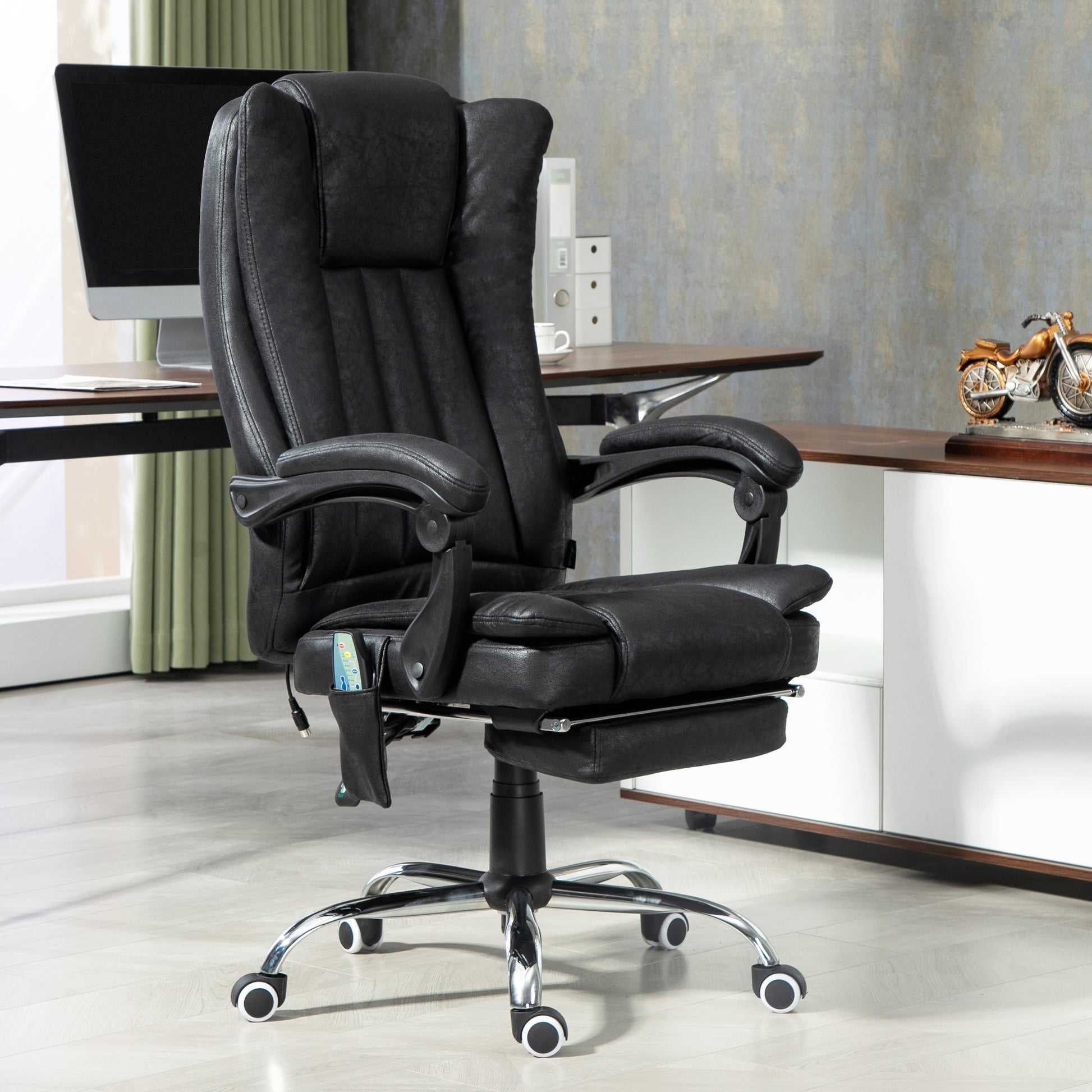 Office Chair Massage Micro Fiber Recliner Black with Footrest-DECOROLALA