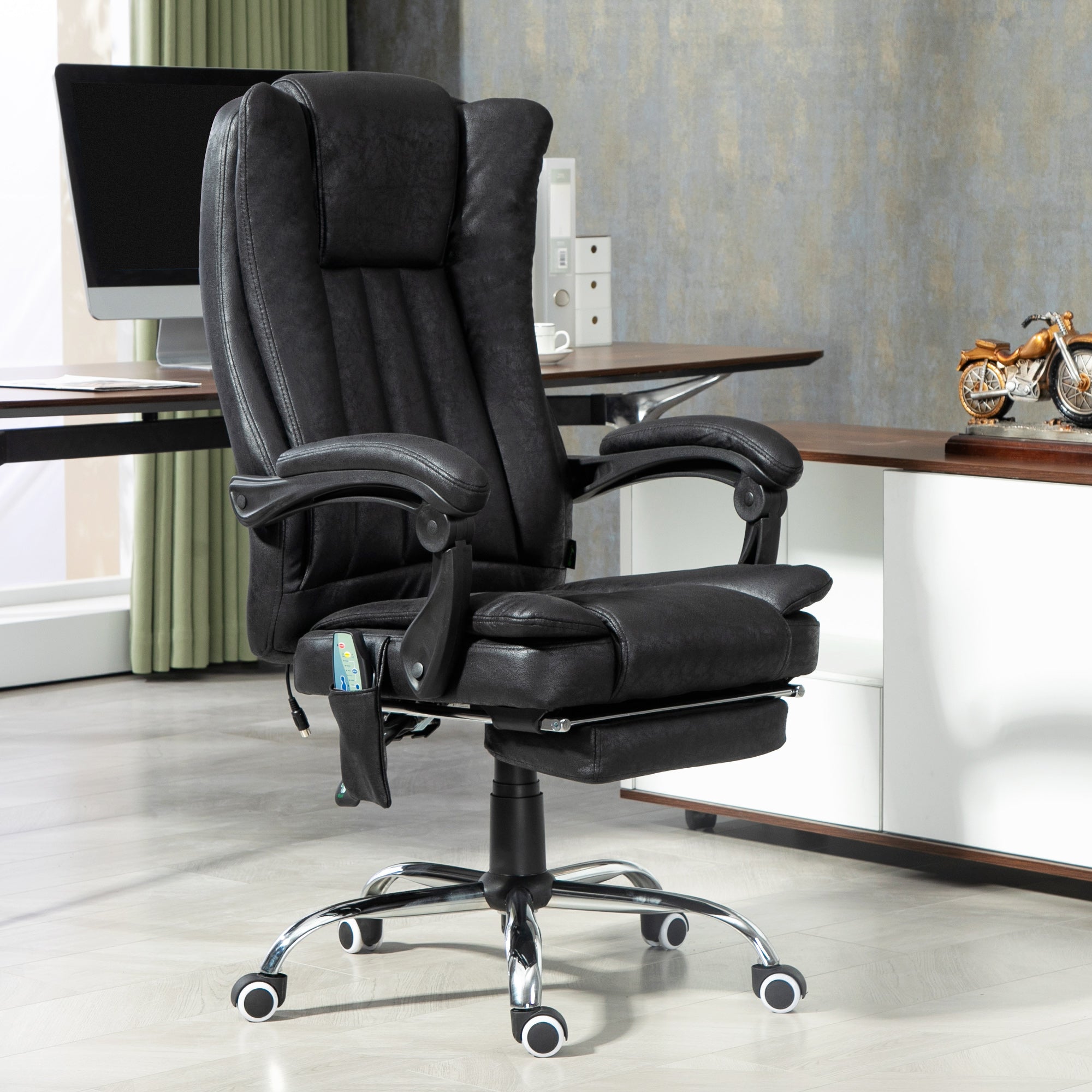 Office Chair Massage Micro Fiber Recliner Black with Footrest-DECOROLALA