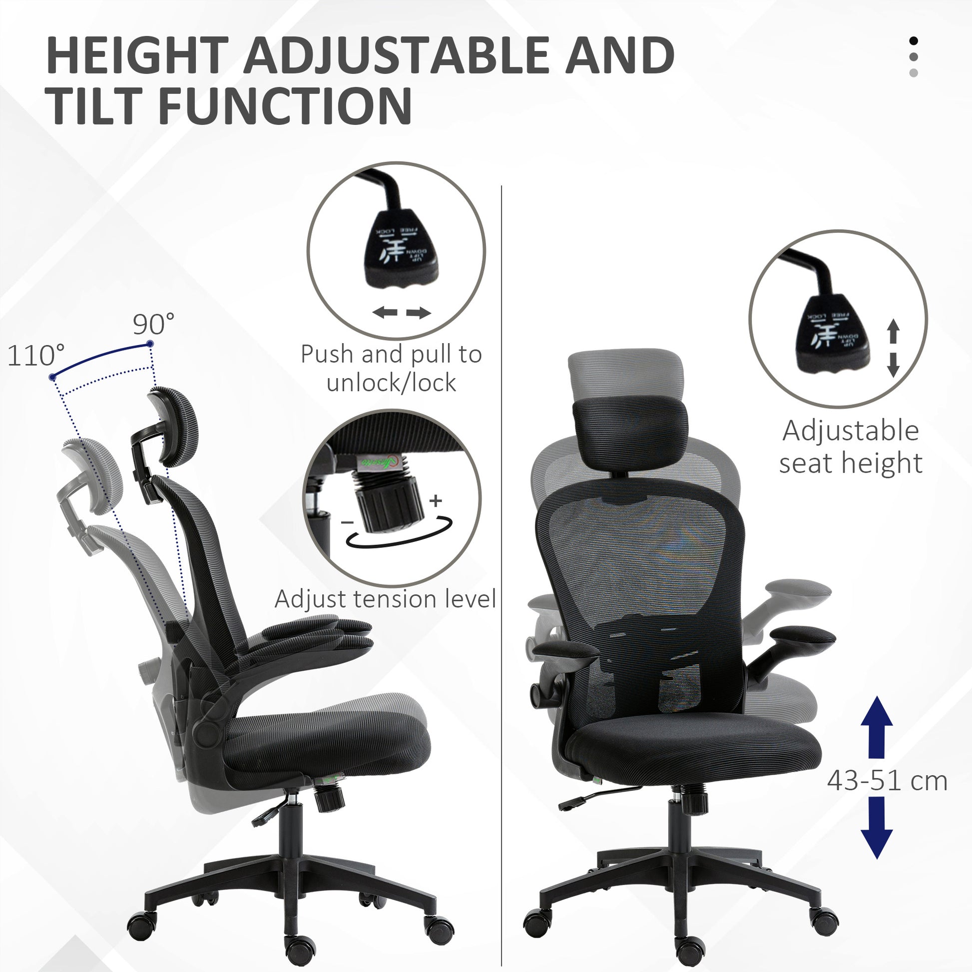 Office Chair, Mesh Computer Desk Chair with Adjustable Headrest, 4D Lumbar Support, Flip-up Arm, Black-Office Products > Office Furniture > Office Chairs-DECOROLALA
