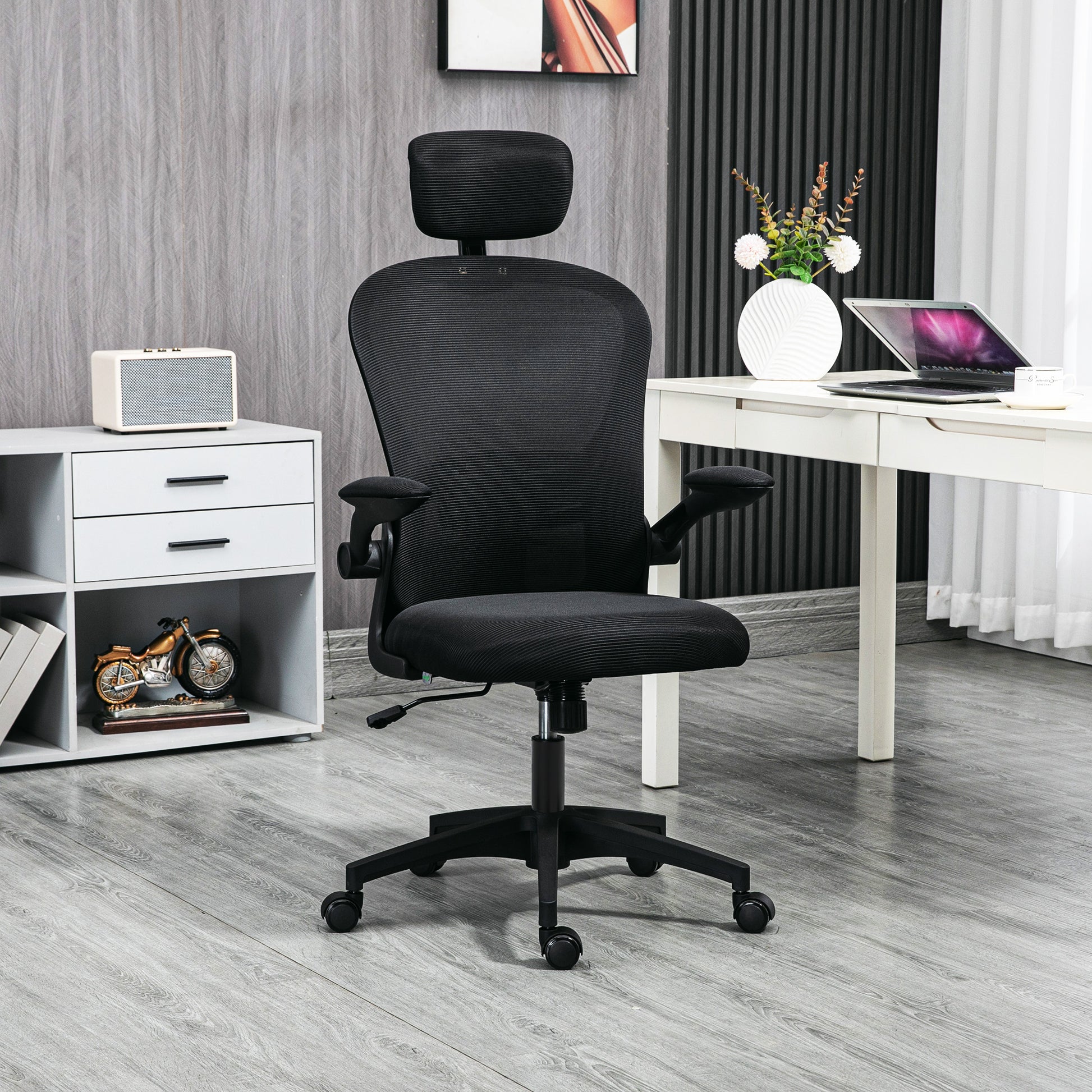 Office Chair, Mesh Computer Desk Chair with Adjustable Headrest, 4D Lumbar Support, Flip-up Arm, Black-Office Products > Office Furniture > Office Chairs-DECOROLALA