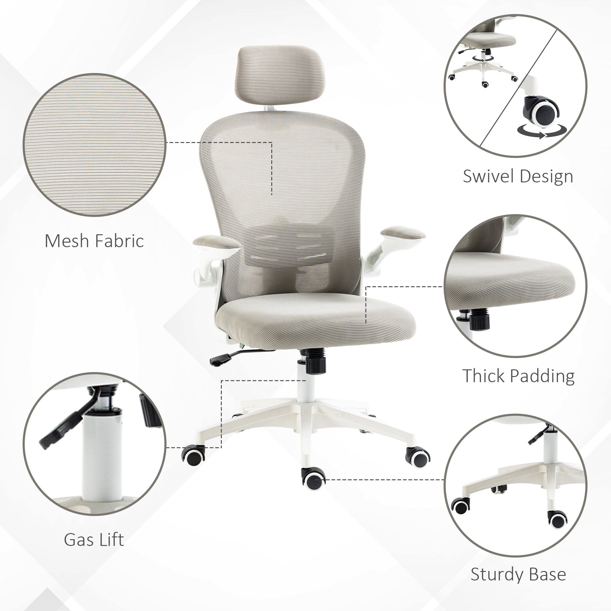 Office Chair, Mesh Computer Desk Chair with Adjustable Headrest, 4D Lumbar Support, Flip-up Arm, Grey-Office Products > Office Furniture > Office Chairs > Task Chairs-DECOROLALA