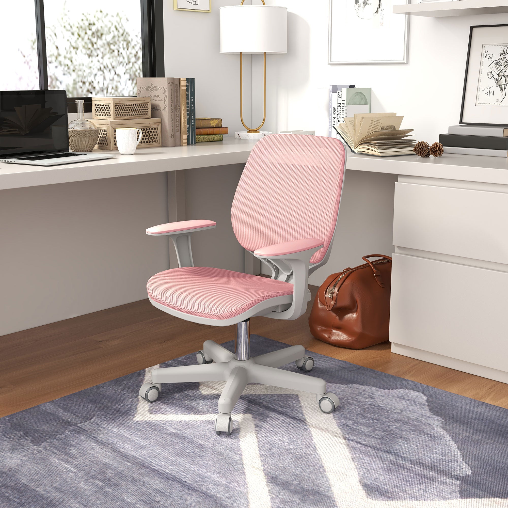 Office Chair, Small Computer Desk Chair with Mesh Back, Swivel Castors, Arm, Pink-Office Products > Office Furniture > Office Chairs > Task Chairs-DECOROLALA