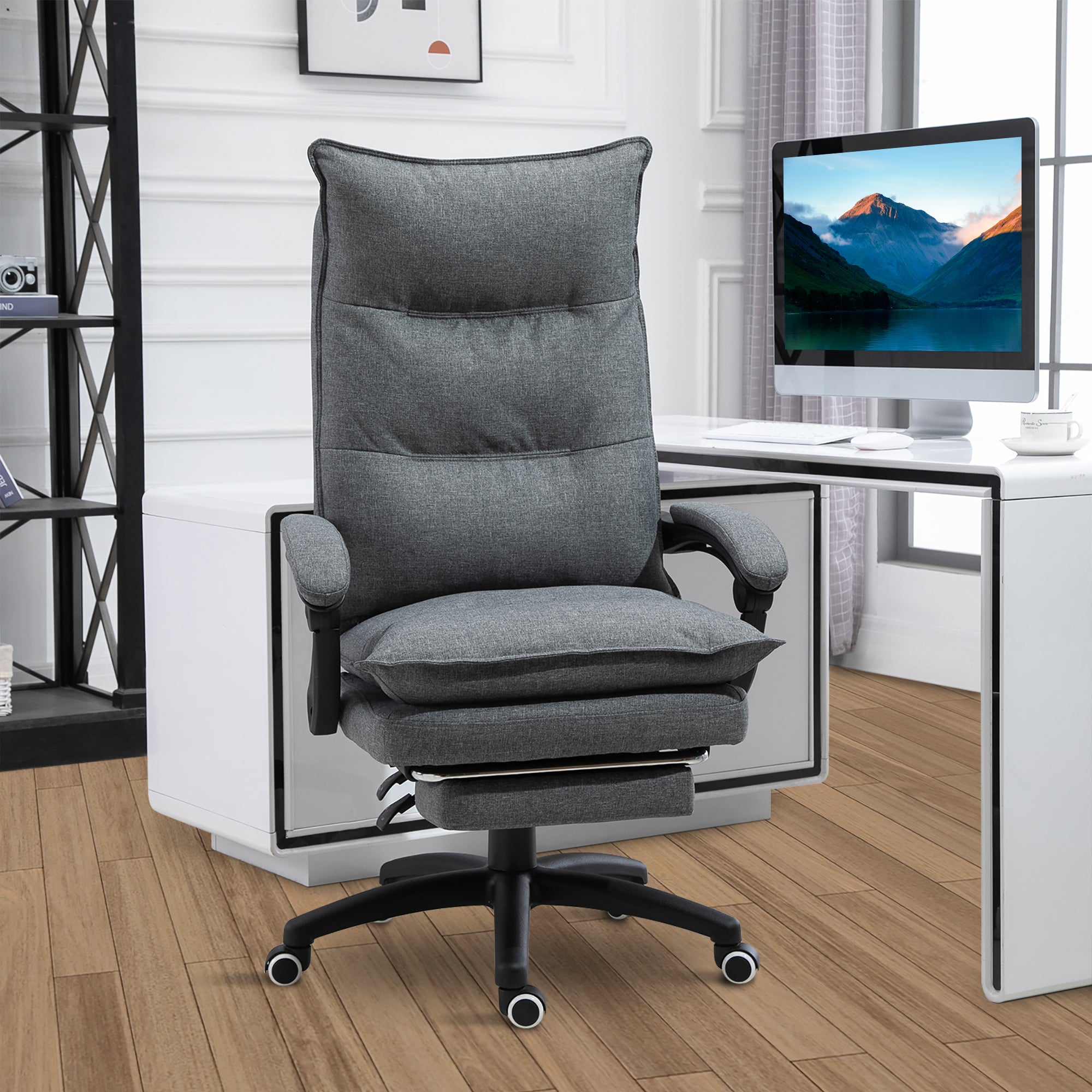 Office Chair Swivel Adjustable Grey Linen Recliner-DECOROLALA