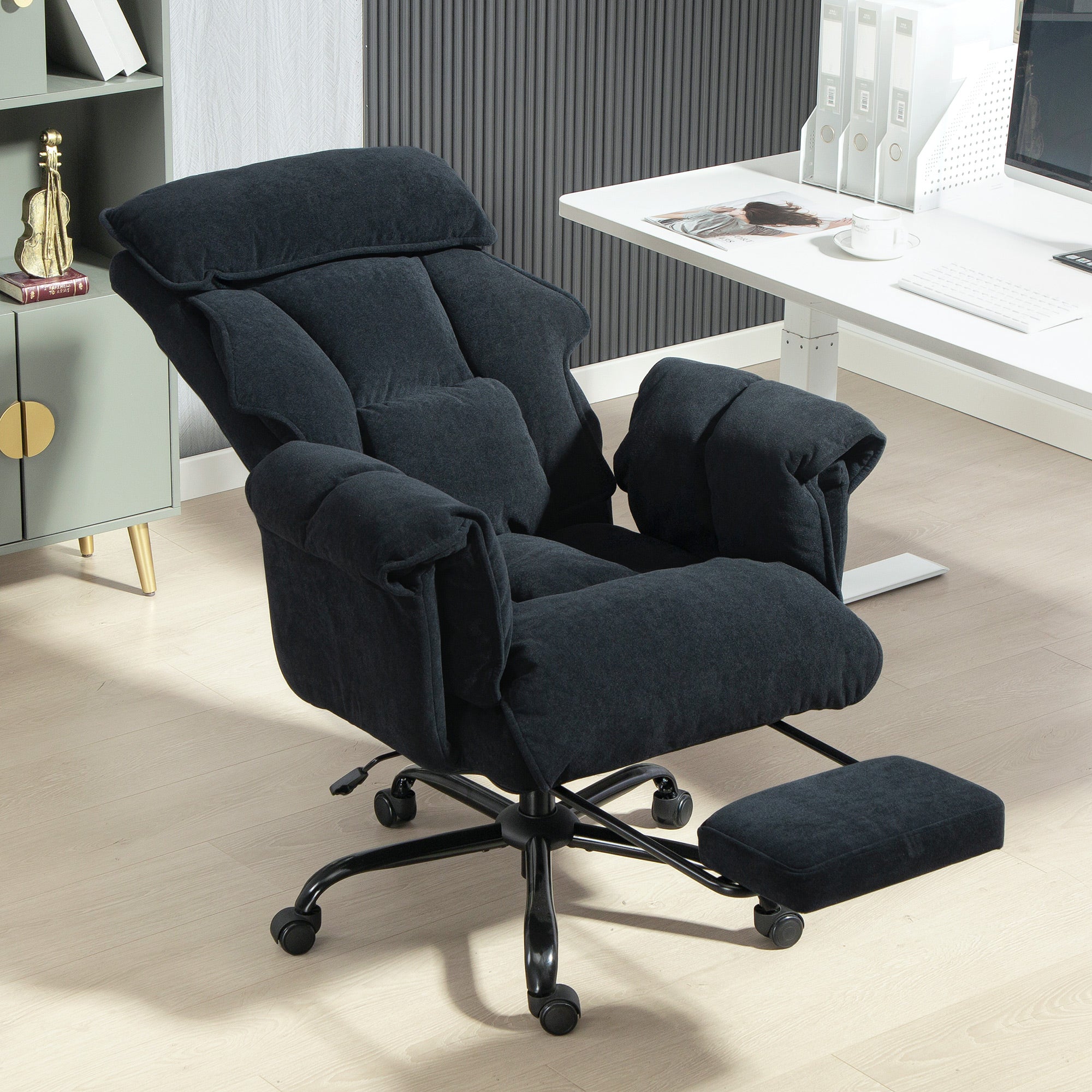 Office Chair with Footrest - Black Flannel Reclining Desk Chair-DECOROLALA