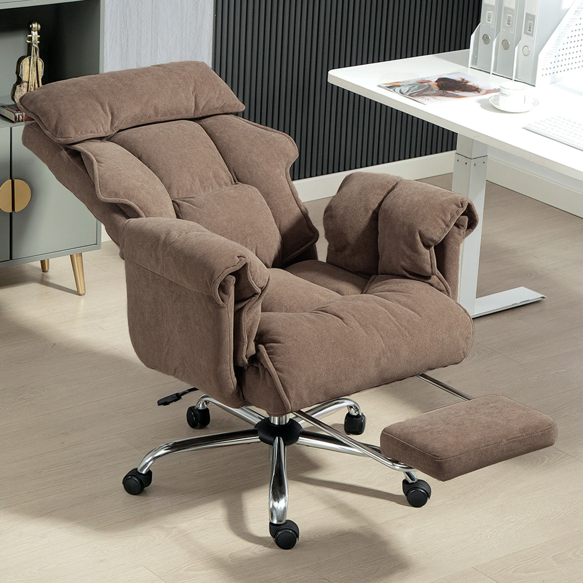 Office Chair with Footrest - Light Brown Snow Flannel-Office Products > Office Furniture > Office Chairs > Executive & Manager Chairs-DECOROLALA