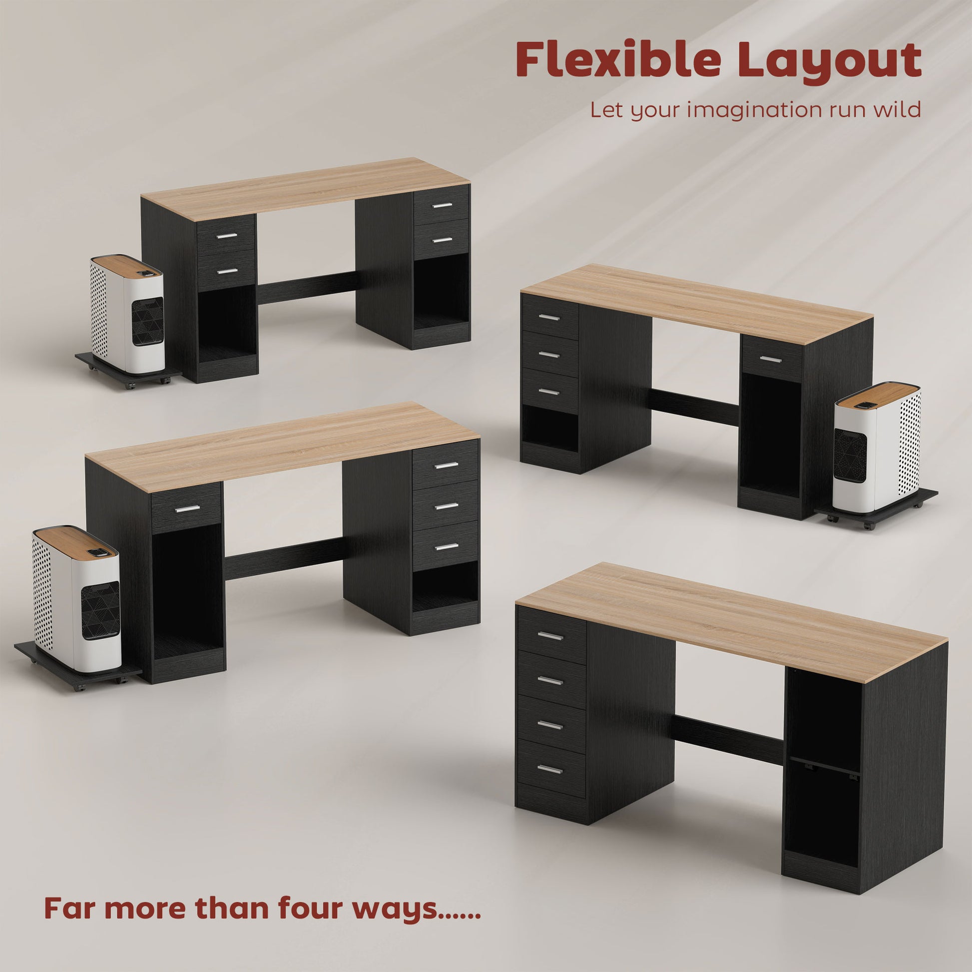 Office Desk, 55" Computer Desk with 4 Reversible Drawers, Mobile PC Stand, Adjustable Shelf, Black Wood Grain-Office Products > Office Furniture > Office Desks & Work Stations > Computer Desks-DECOROLALA