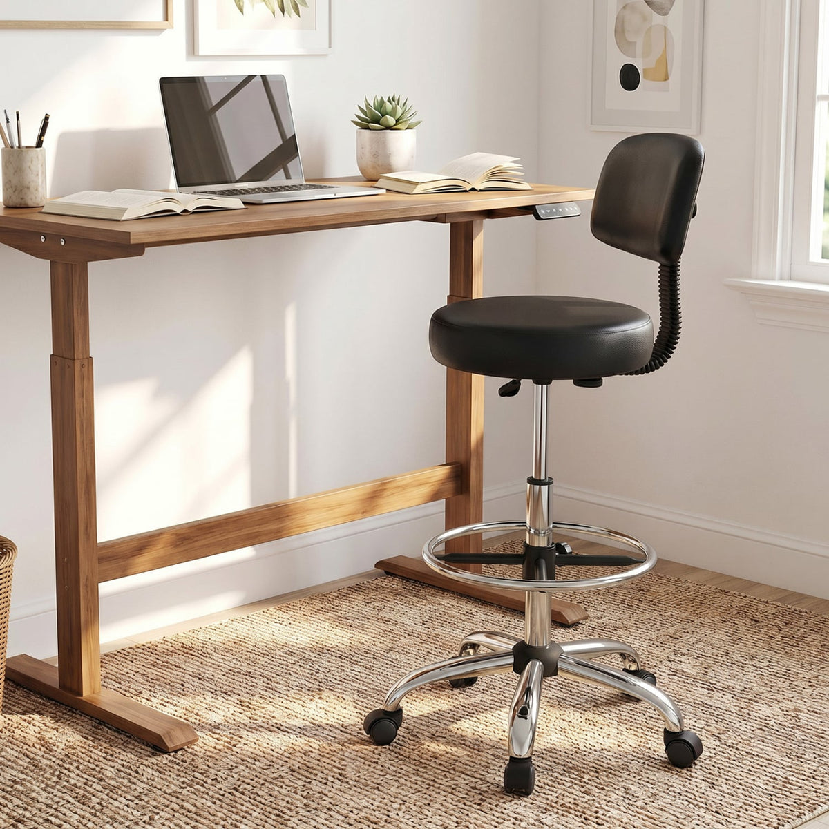 Office Drafting Chair with Back & Adjustable Footring and Wheels for Desk-Silver-Office Chairs-DECOROLALA