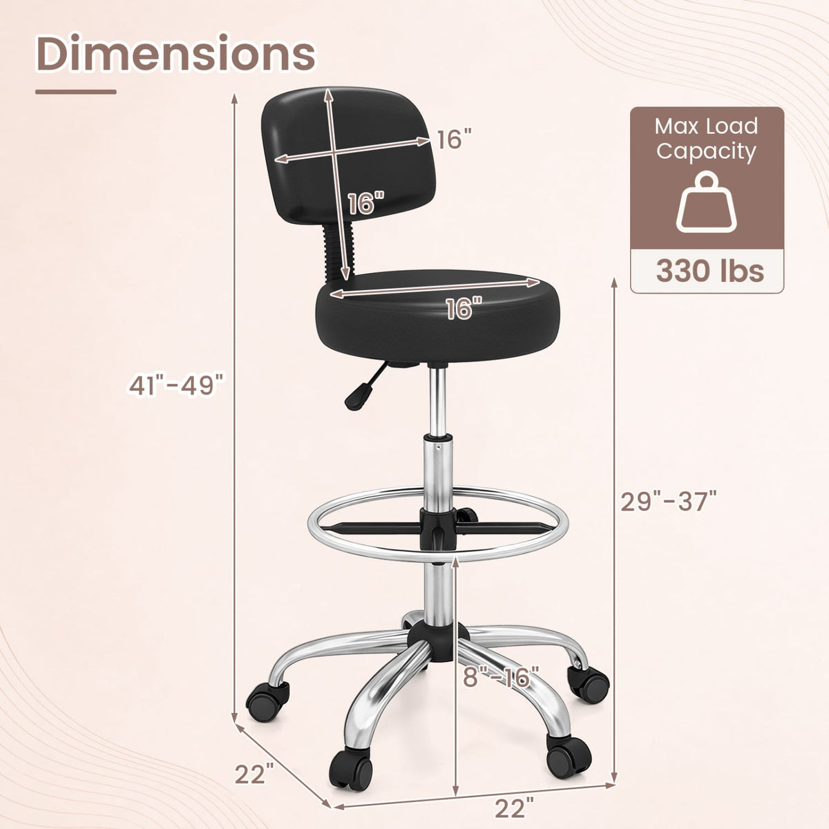 Office Drafting Chair with Back & Adjustable Footring and Wheels for Desk-Silver-Office Chairs-DECOROLALA