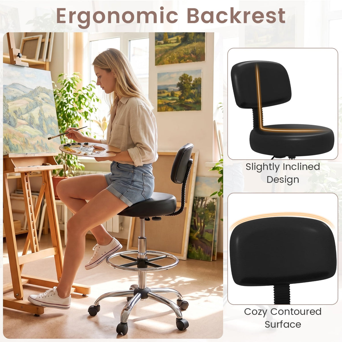 Office Drafting Chair with Back & Adjustable Footring and Wheels for Desk-Silver-Office Chairs-DECOROLALA
