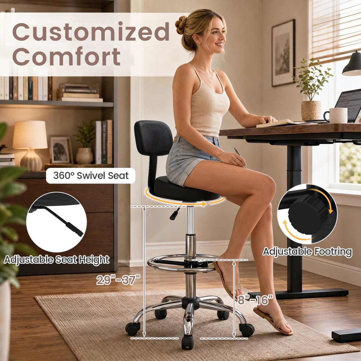 Office Drafting Chair with Back & Adjustable Footring and Wheels for Desk-Silver-Office Chairs-DECOROLALA
