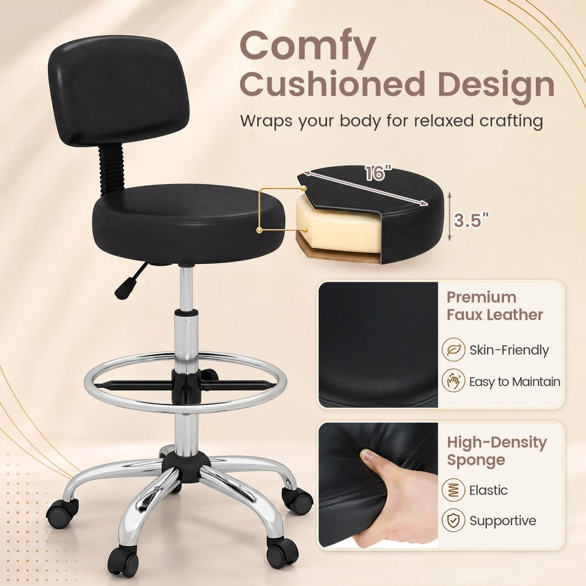 Office Drafting Chair with Back & Adjustable Footring and Wheels for Desk-Silver-Office Chairs-DECOROLALA
