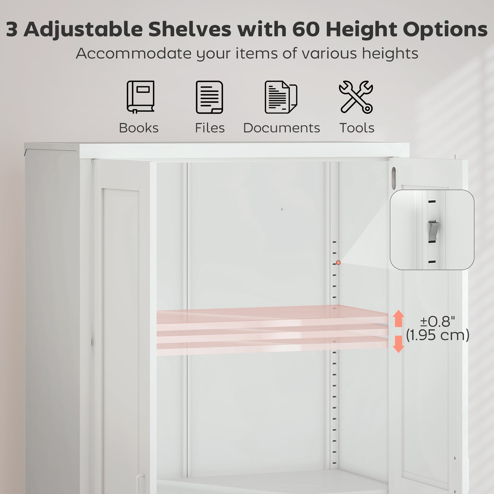 Office Storage Cabinet - Lockable White with 3 Adjustable Shelves-DECOROLALA