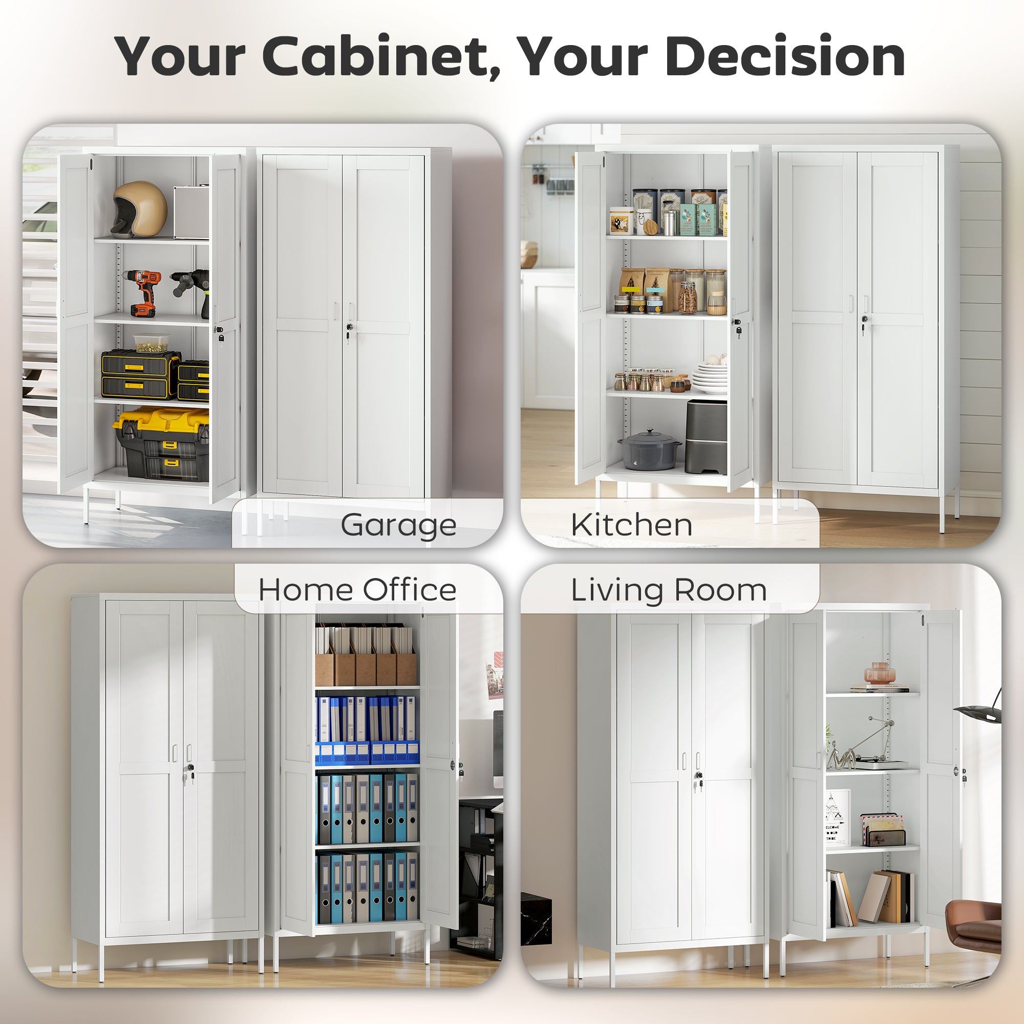 Office Storage Cabinet - Lockable White with 3 Adjustable Shelves-DECOROLALA