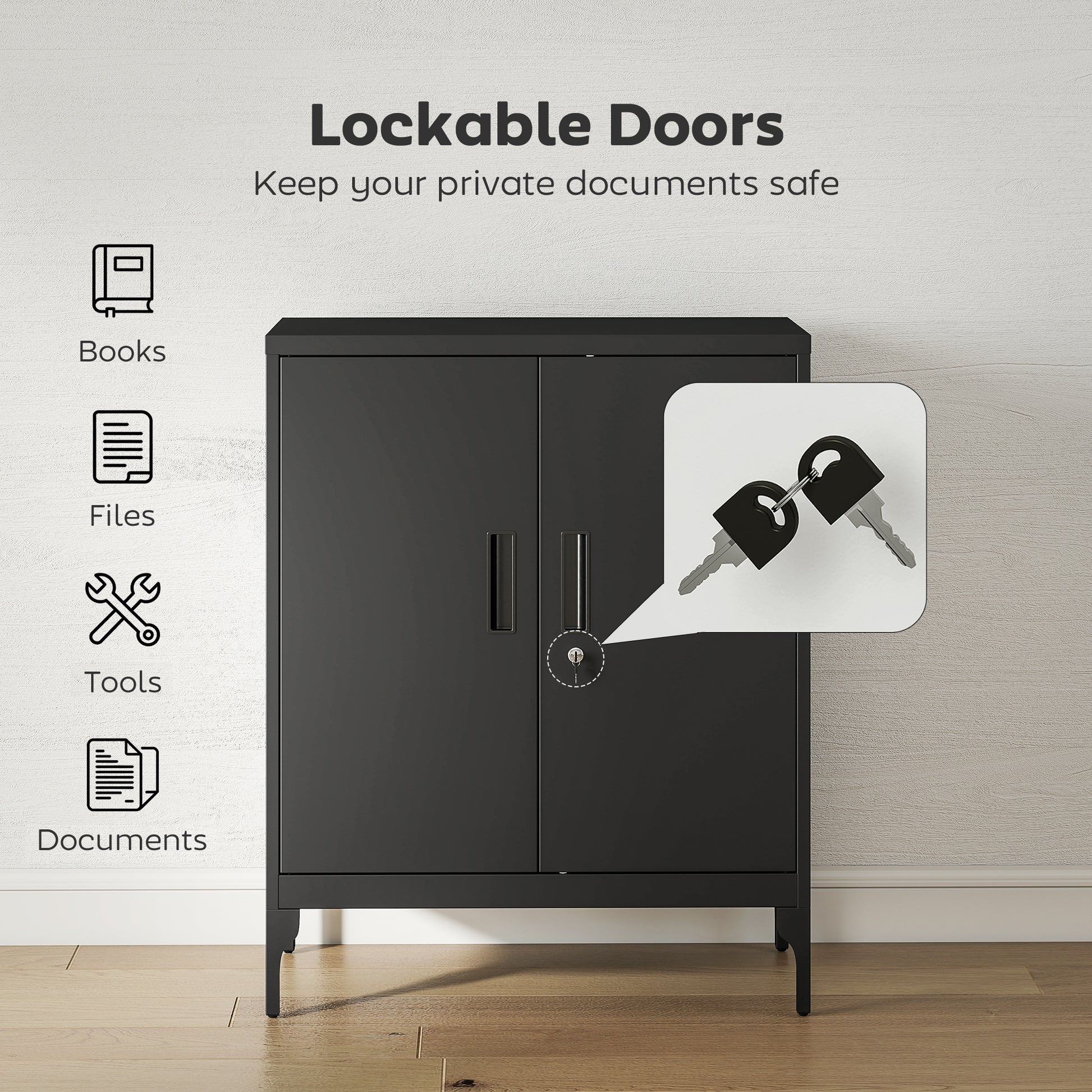 Office Storage Cabinet with Lock, Filing Cabinet with Adjustable Shelves and Doors for Home Office, Garage, Black-Office Products > Office Furniture > Office Cabinets & Cupboards-DECOROLALA