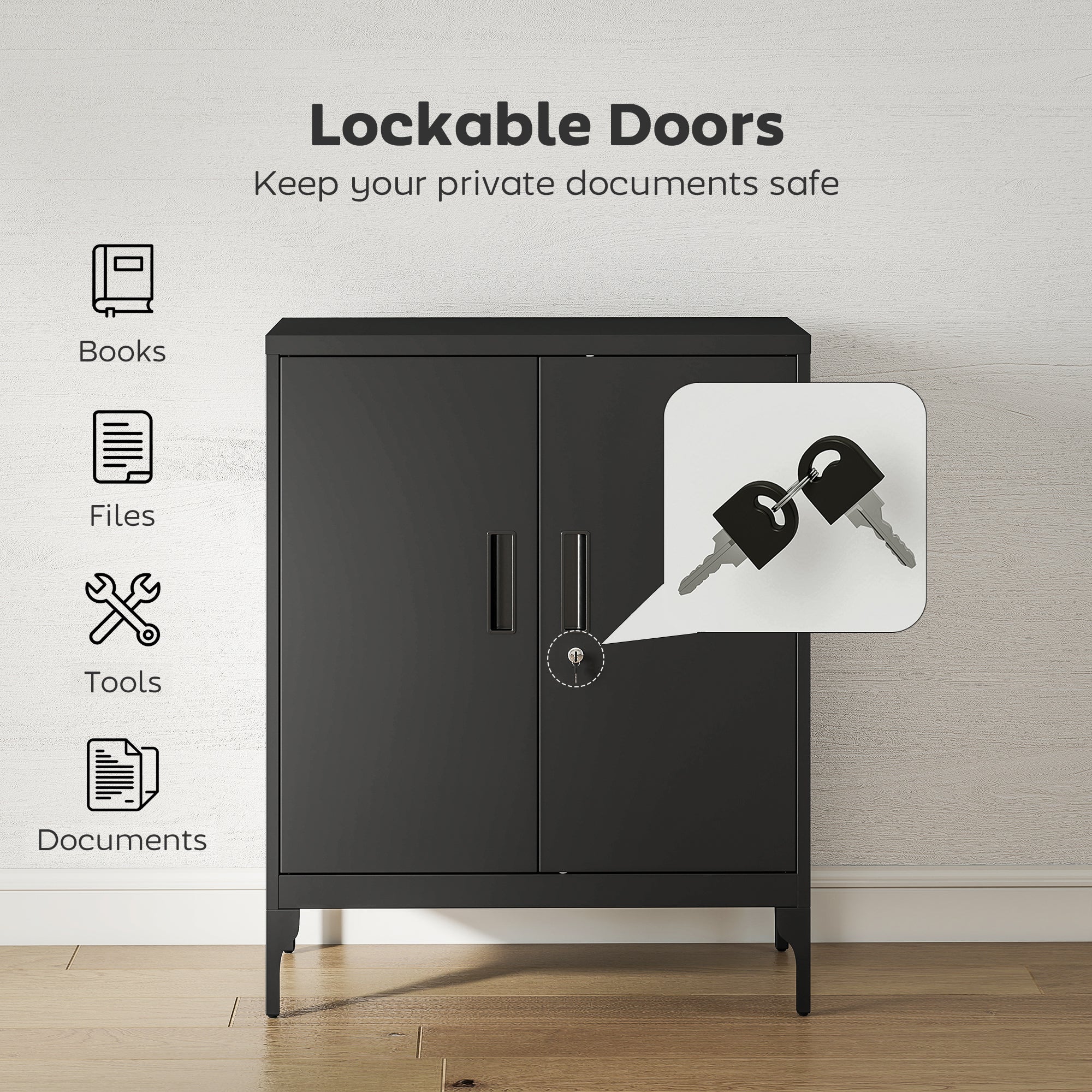 Office Storage Cabinet with Lock, Filing Cabinet with Adjustable Shelves and Doors for Home Office, Garage, Black-Office Products > Office Furniture > Office Cabinets & Cupboards-DECOROLALA