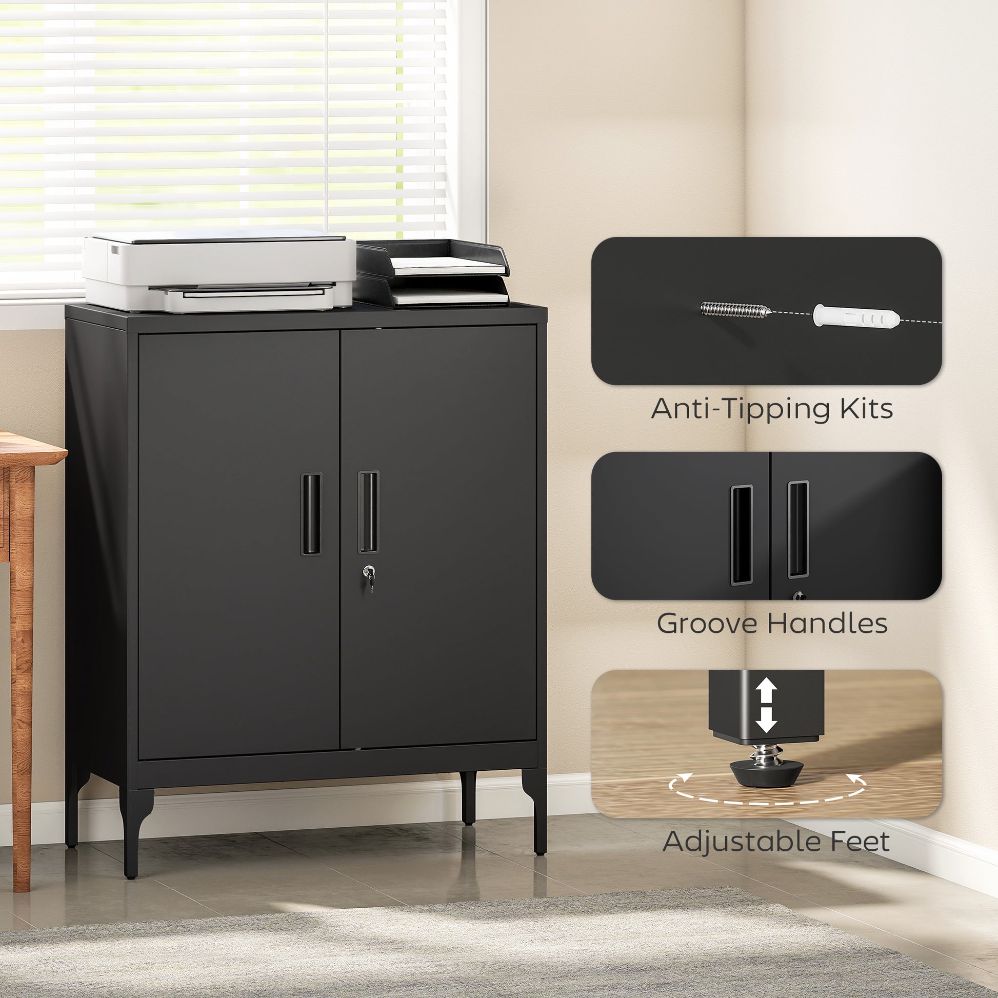 Office Storage Cabinet with Lock, Filing Cabinet with Adjustable Shelves and Doors for Home Office, Garage, Black-Office Products > Office Furniture > Office Cabinets & Cupboards-DECOROLALA