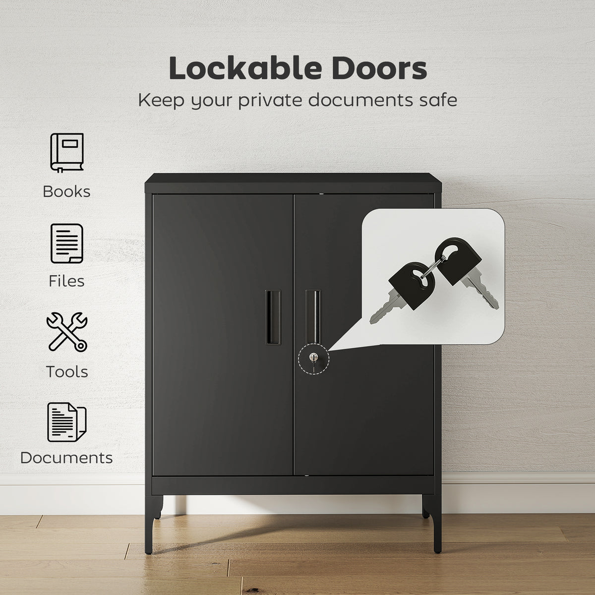 Office Storage Cabinet with Lock, Filing Cabinet with Adjustable Shelves and Doors for Home Office, Garage, Black-Office Storage Cabinets-DECOROLALA