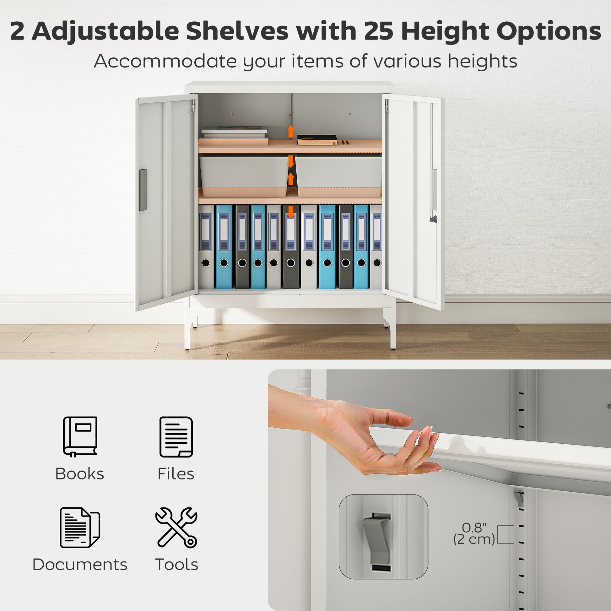Office Storage Cabinet with Lock, Filing Cabinet with Adjustable Shelves and Doors for Home Office, Garage, White-Office Products > Office Furniture > Office Cabinets & Cupboards-DECOROLALA