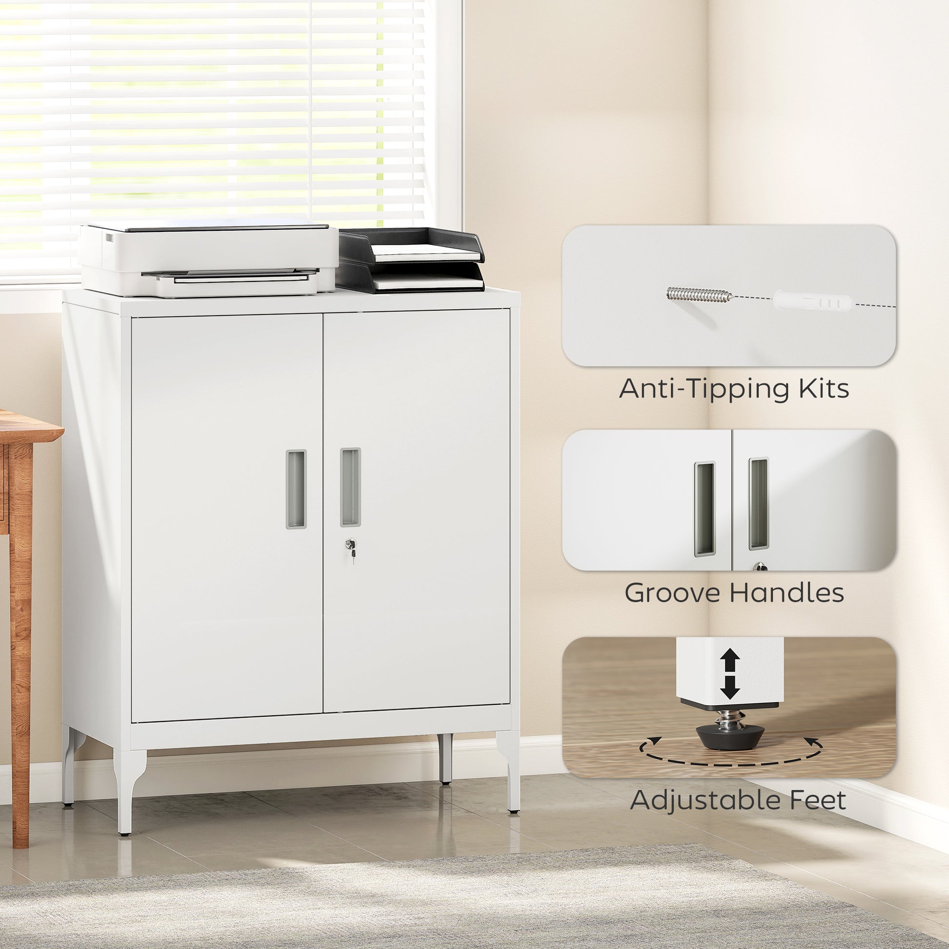 Office Storage Cabinet with Lock, Filing Cabinet with Adjustable Shelves and Doors for Home Office, Garage, White-Office Products > Office Furniture > Office Cabinets & Cupboards-DECOROLALA