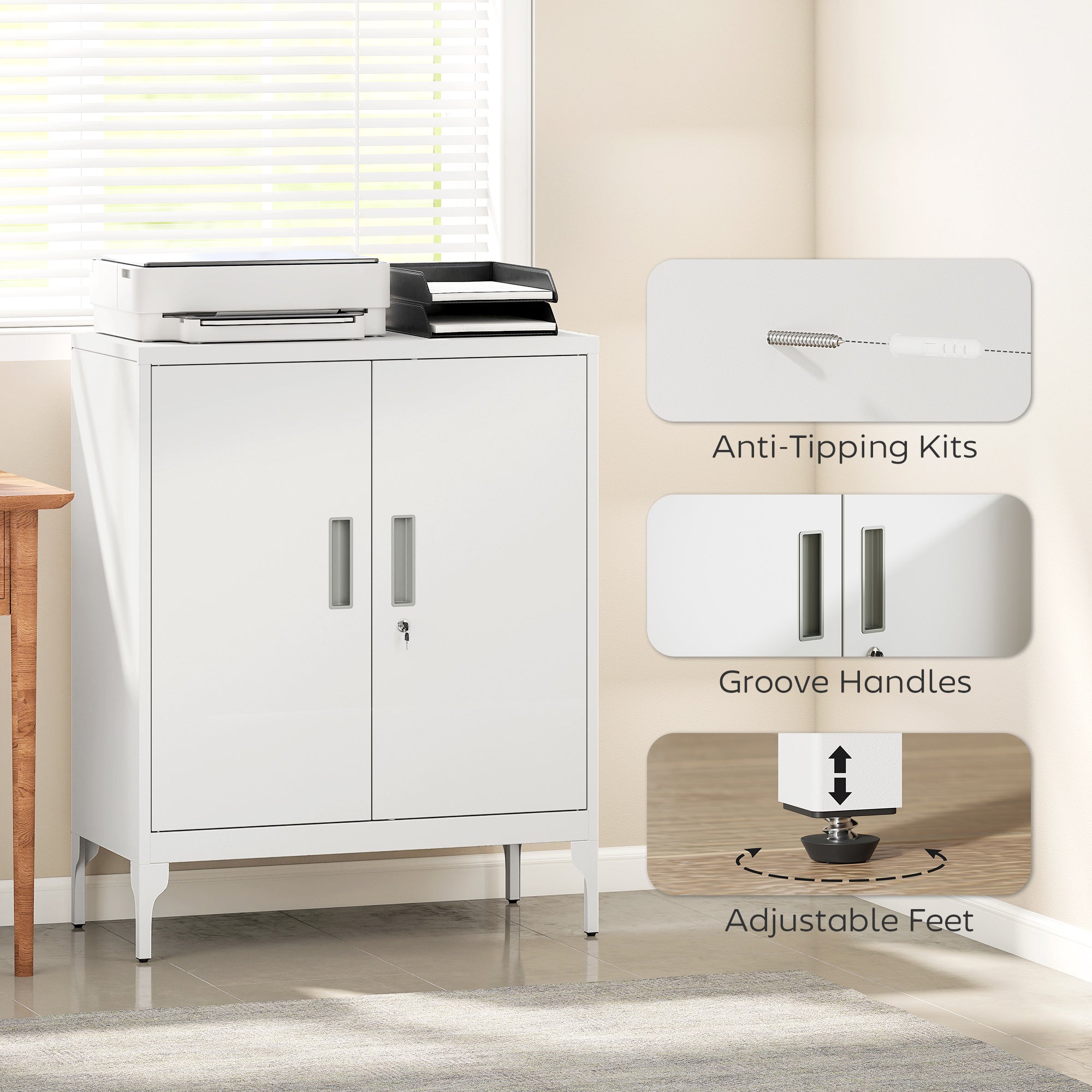 Office Storage Cabinet with Lock, Filing Cabinet with Adjustable Shelves and Doors for Home Office, Garage, White-Office Products > Office Furniture > Office Cabinets & Cupboards-DECOROLALA
