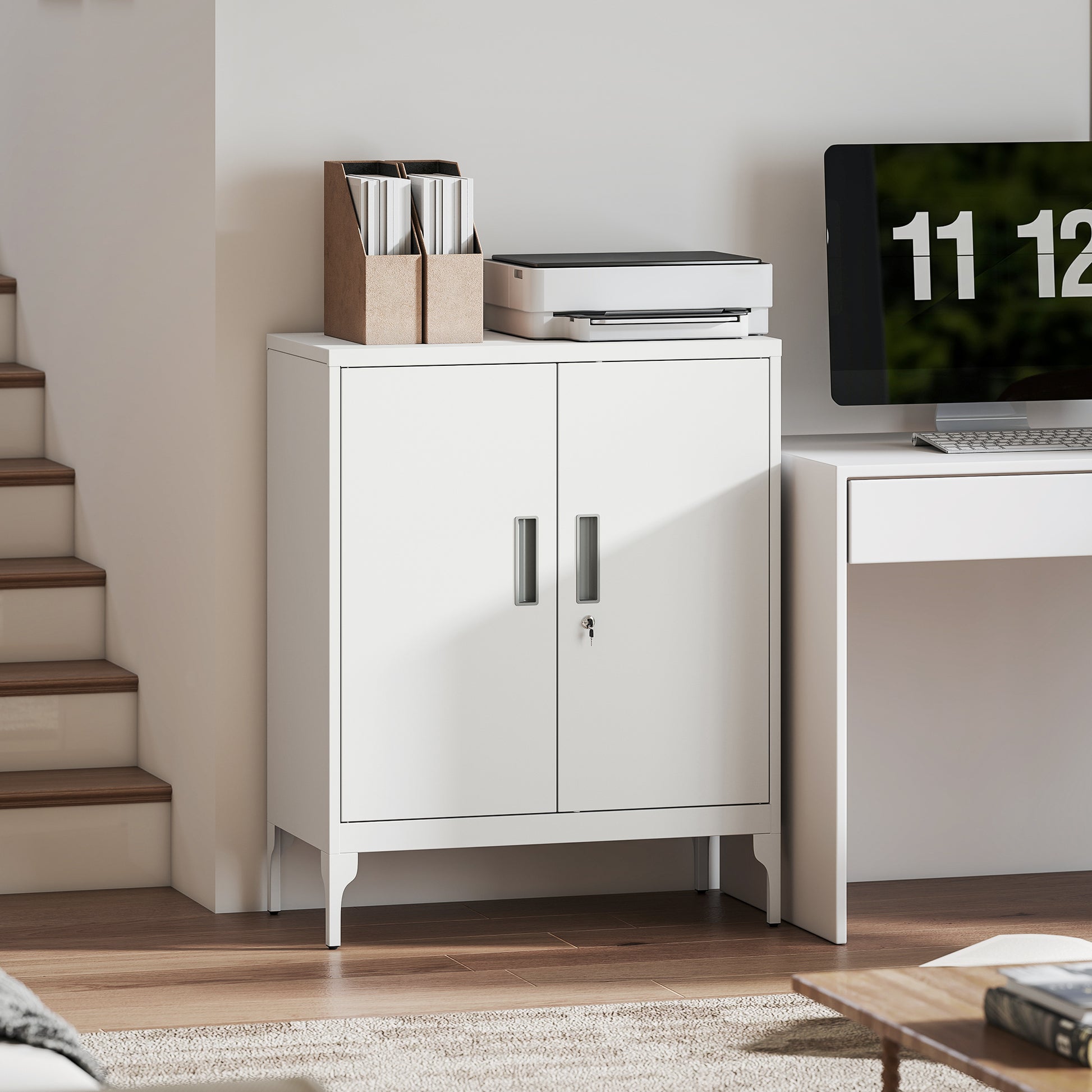 Office Storage Cabinet with Lock, Filing Cabinet with Adjustable Shelves and Doors for Home Office, Garage, White-Office Products > Office Furniture > Office Cabinets & Cupboards-DECOROLALA