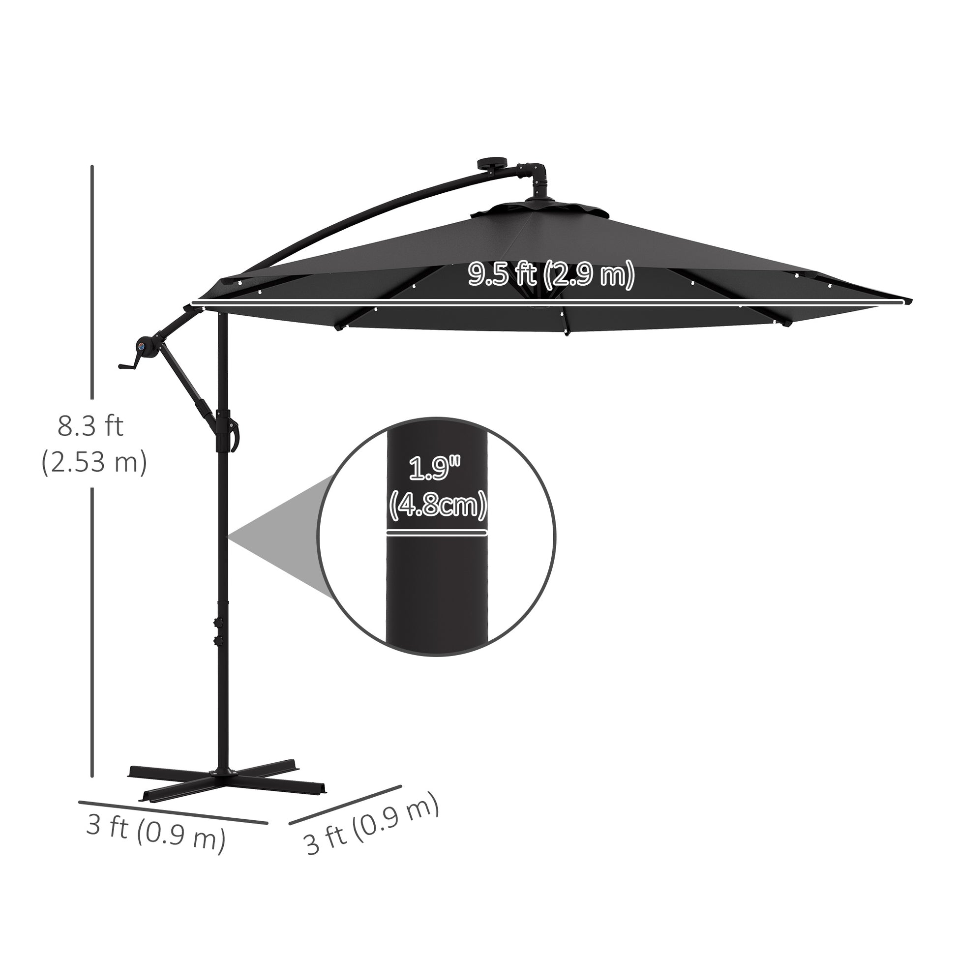 Offset Patio Umbrella - Solar LED Lights, Dark Grey, 9.5' Garden Parasol-DECOROLALA