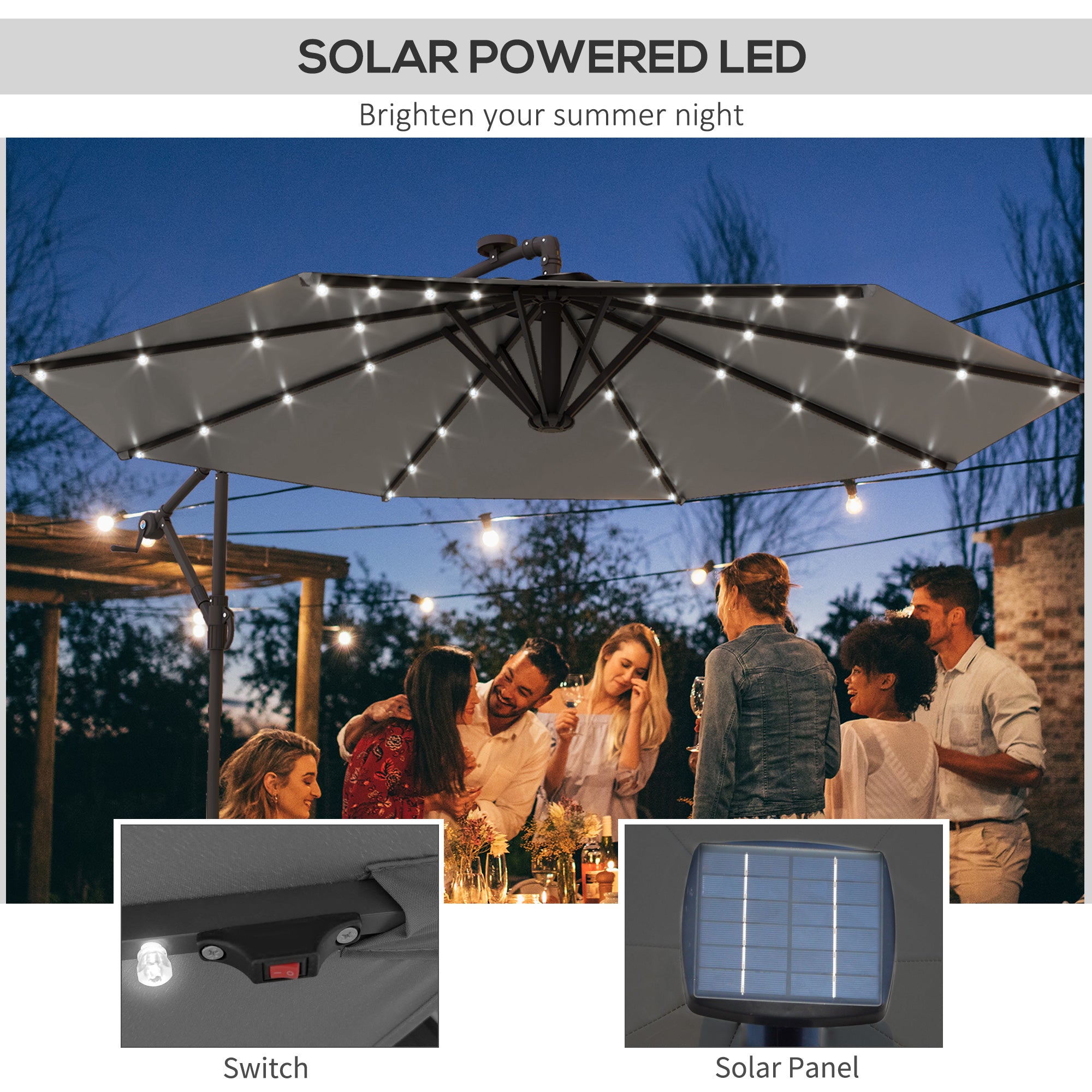 Offset Patio Umbrella - Solar LED Lights, Dark Grey, 9.5' Garden Parasol-DECOROLALA
