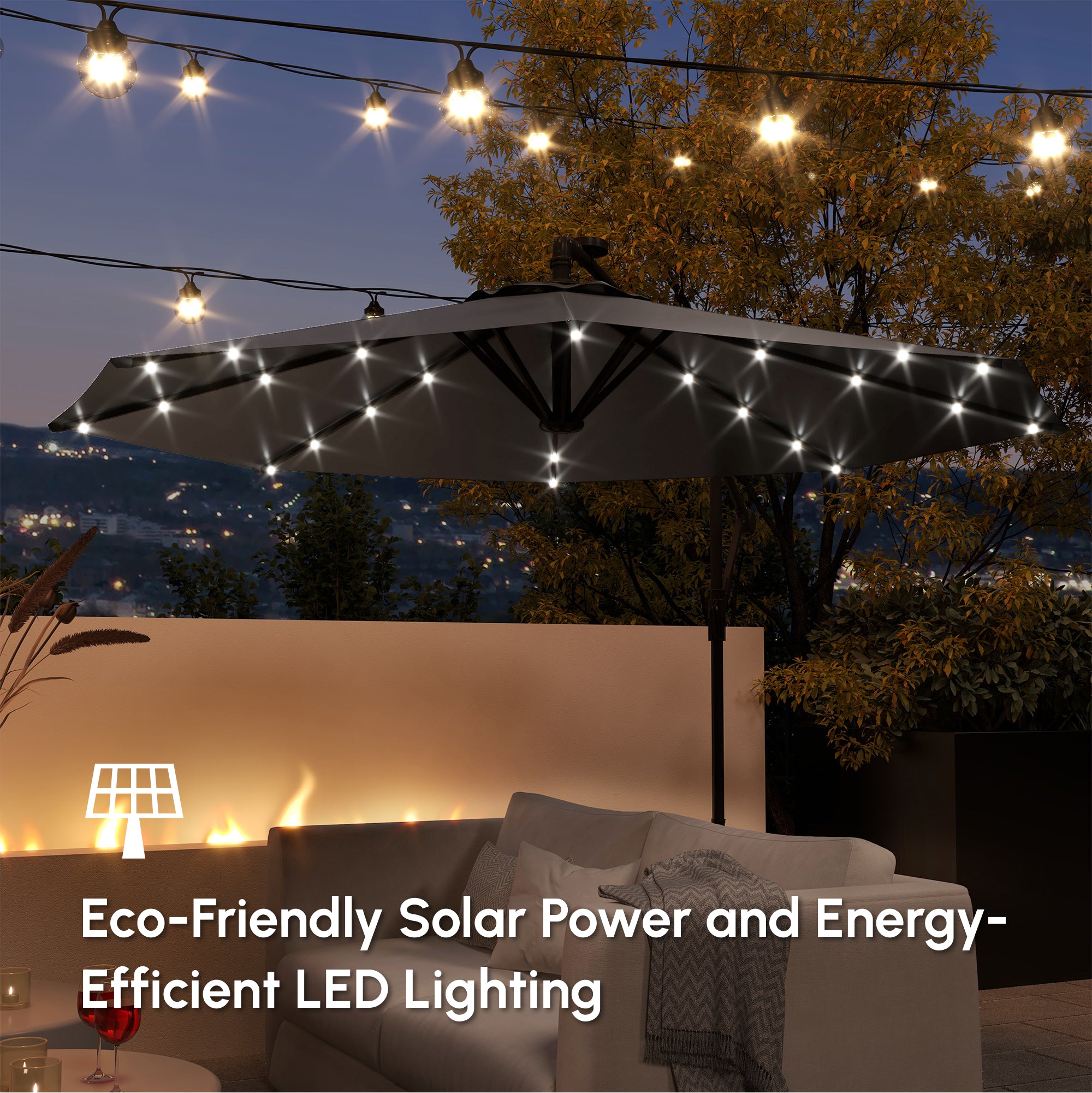 Offset Patio Umbrella - Solar LED Lights, Dark Grey, 9.5' Garden Parasol-DECOROLALA