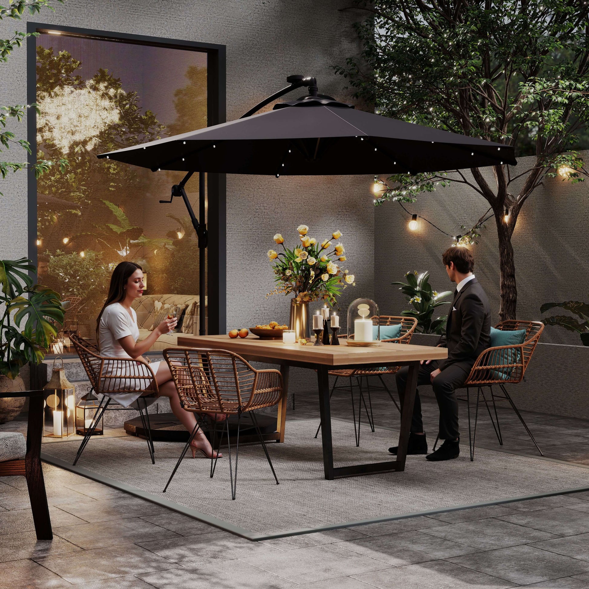Offset Patio Umbrella - Solar LED Lights, Dark Grey, 9.5' Garden Parasol-DECOROLALA