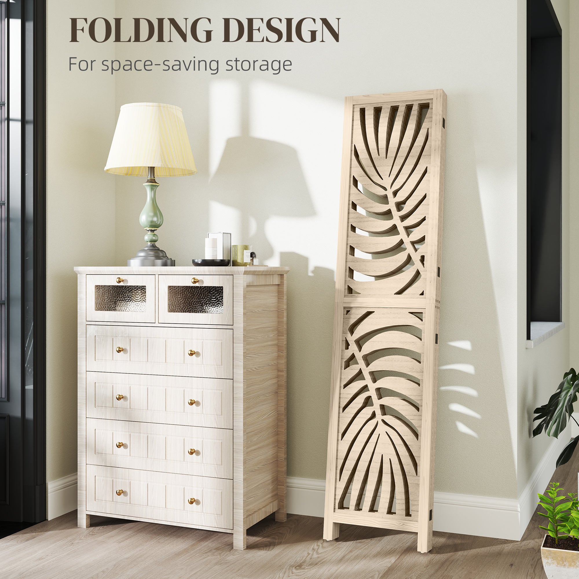 Séparateur de pièce à 4 panneaux, paravents pliants amovibles avec motif de feuilles de palmier pour bureau à domicile, finition bois naturel