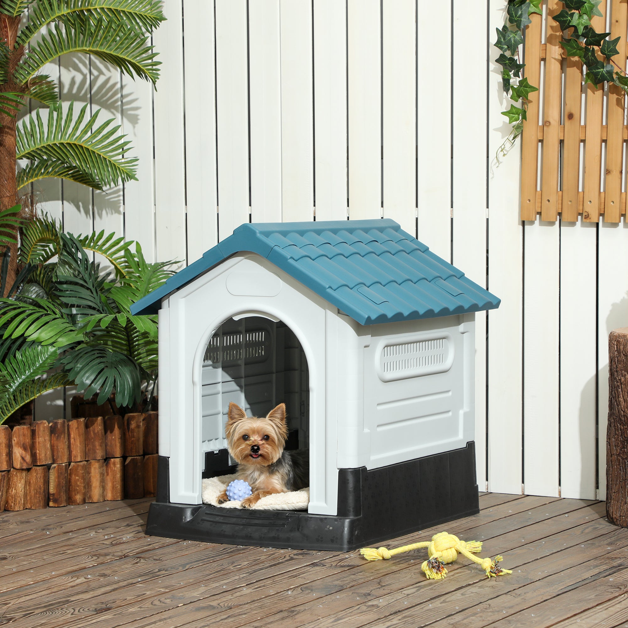Niche extérieure pour chien avec fenêtres et support de base, pour jardin ou patio, petits chiens, 64,5 x 57 x 66 cm, bleue