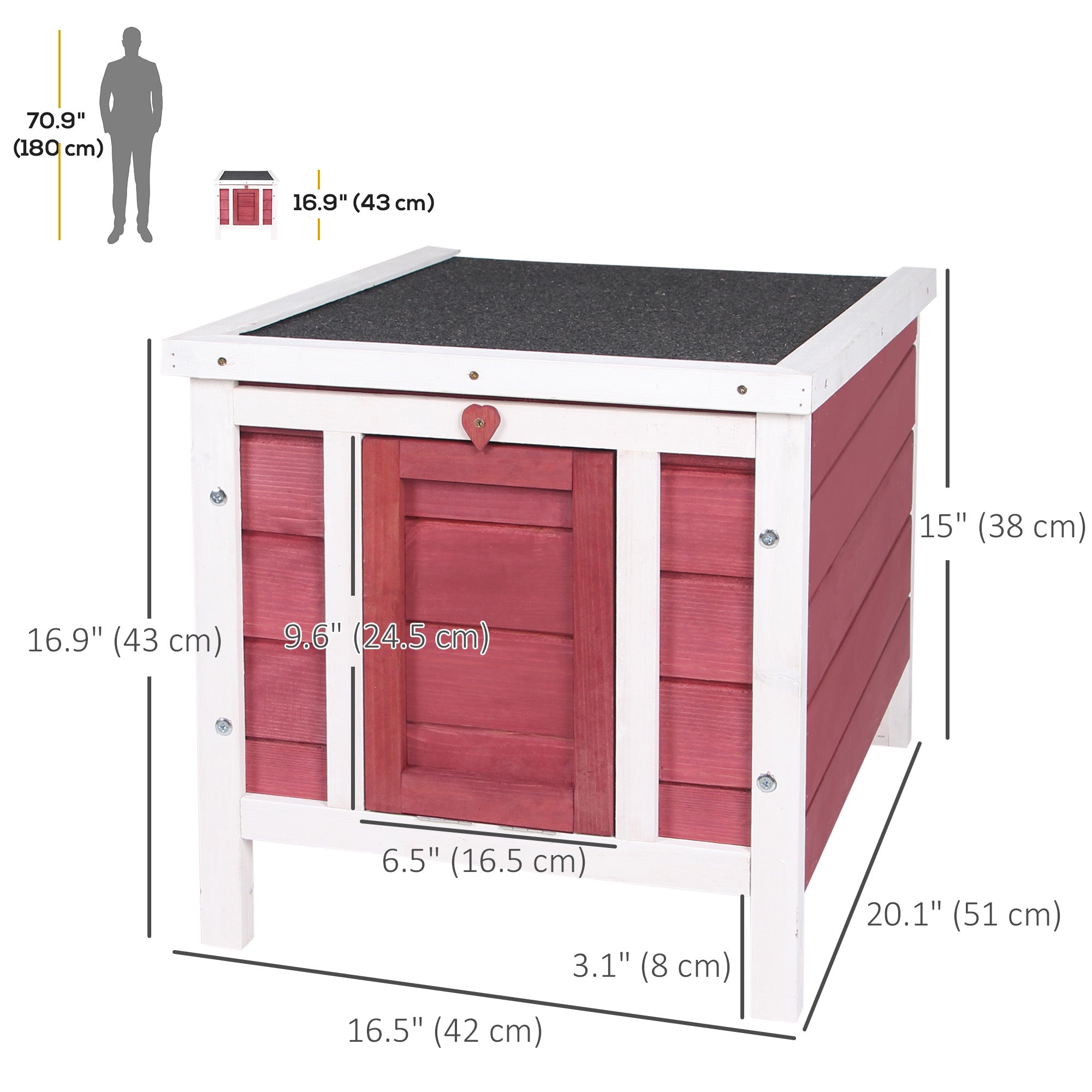 Wooden Rabbit Hutch, Bunny Cage with Waterproof & Openable Asphalt Roof, Outdoor Cat House Guinea Pig Cage Duck Shelter, Indoor Outdoor Use, 20" x 16.5" x 17", Red