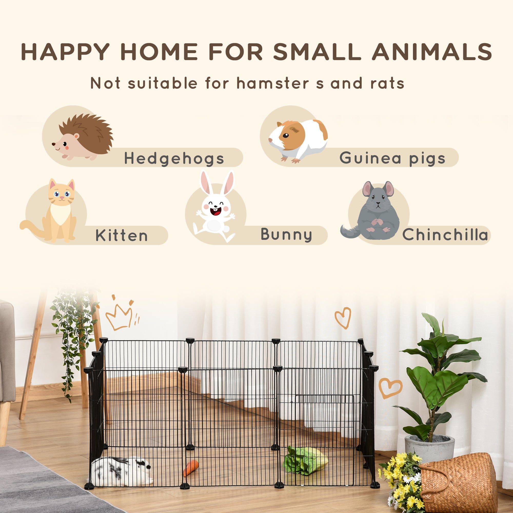 Small Animal Cage for Bunny, Guinea Pig, Chinchilla, Hedgehog, Portable Pet Enclosure with Door, 16 Panels