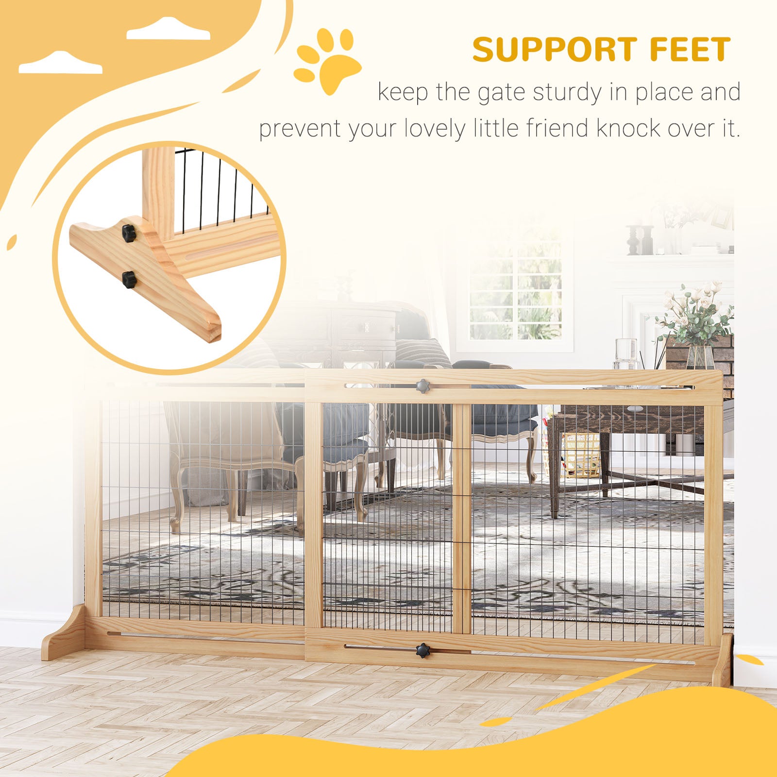Barrière en bois autoportante pour animaux de compagnie de 41 à 71 po avec pieds de soutien, pour petits et moyens chiens, finition naturelle