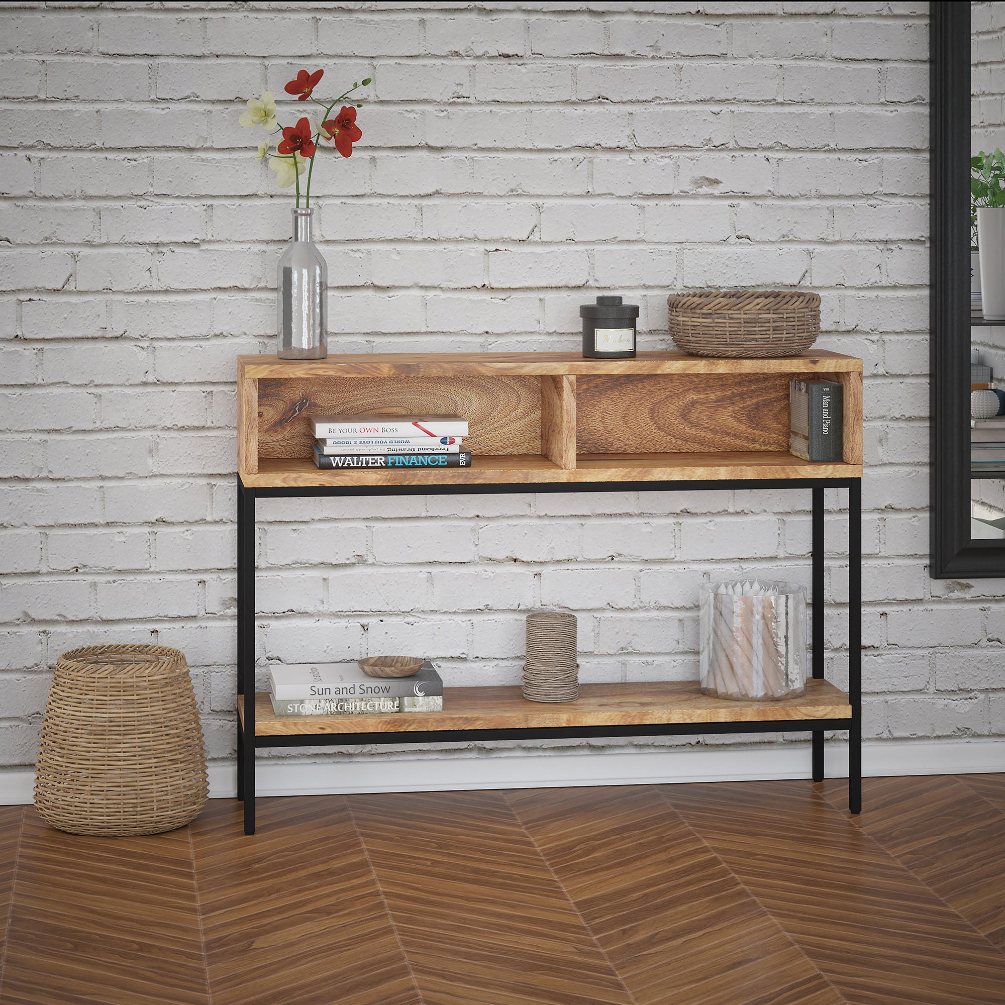 Ojas Console Table - Natural Burnt Mango Wood & Iron-DECOROLALA