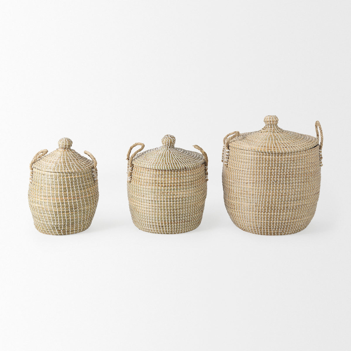 Olivia 15.7L x 15.7W x 17.3H Set of 3 Beige Seagrass Basket W/Lid and Handles-Decorative Baskets-DECOROLALA