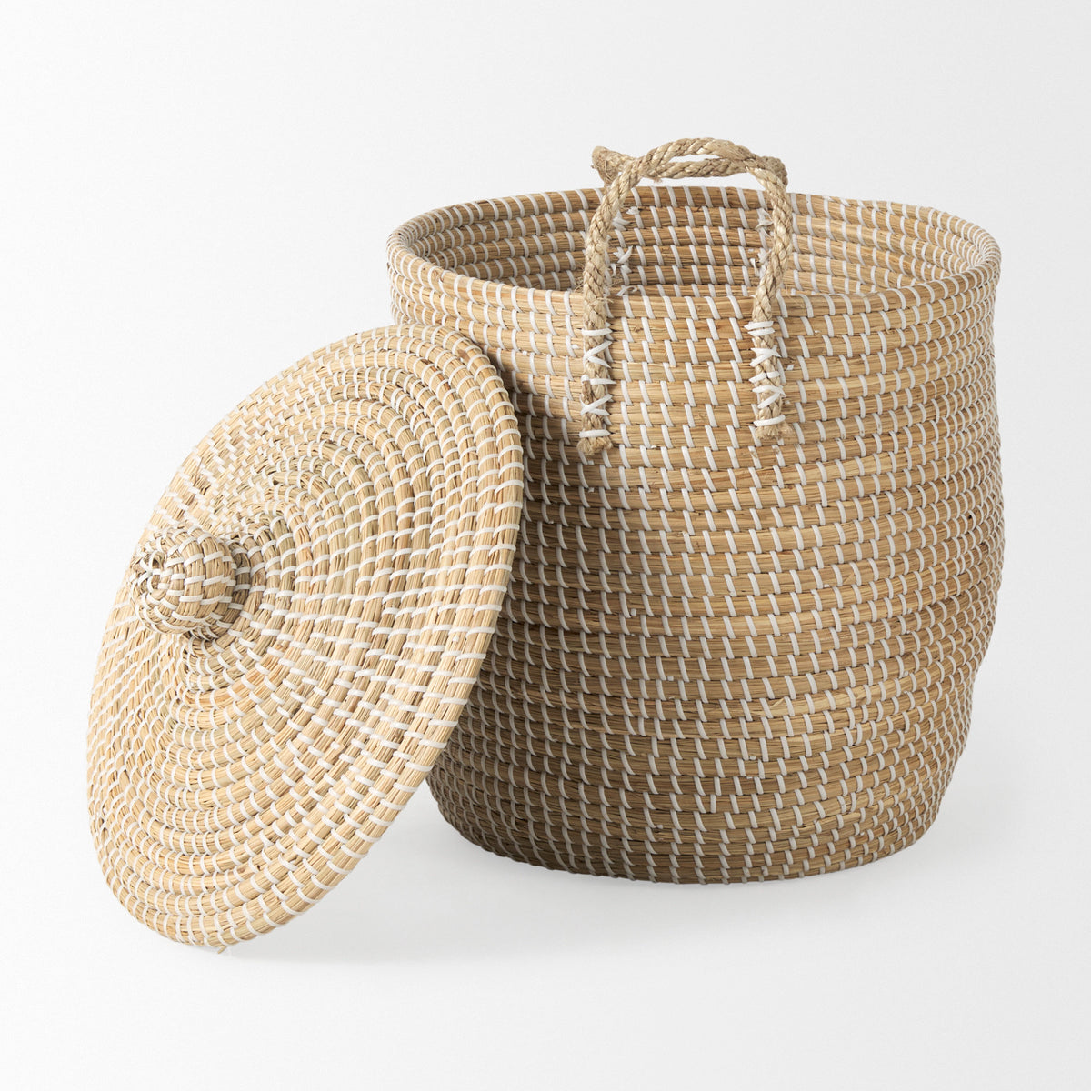 Olivia 15.7L x 15.7W x 17.3H Set of 3 Beige Seagrass Basket W/Lid and Handles-Decorative Baskets-DECOROLALA